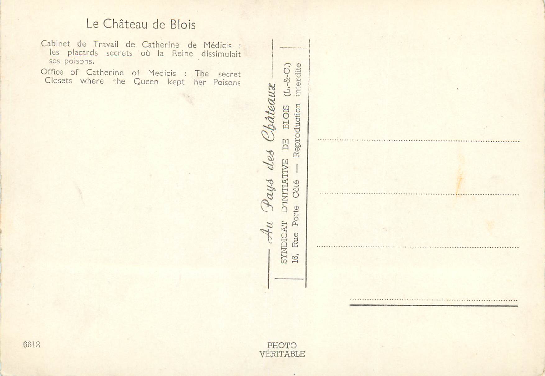 CPM Le chateau de .blois cabinet de travail de catherine de medicis — Verso