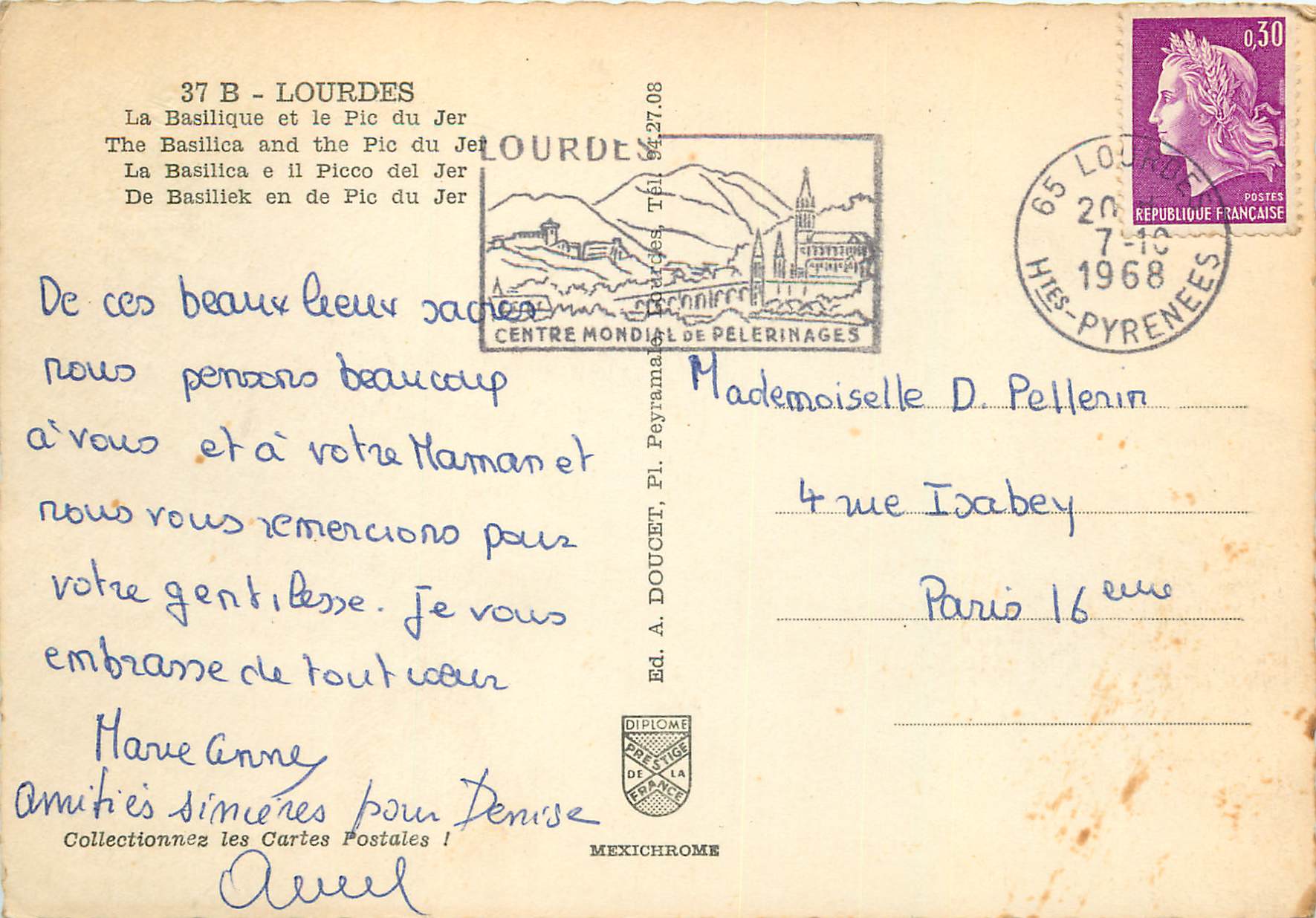 CPM 37b lourdes la basilique et le pic du jer — Verso