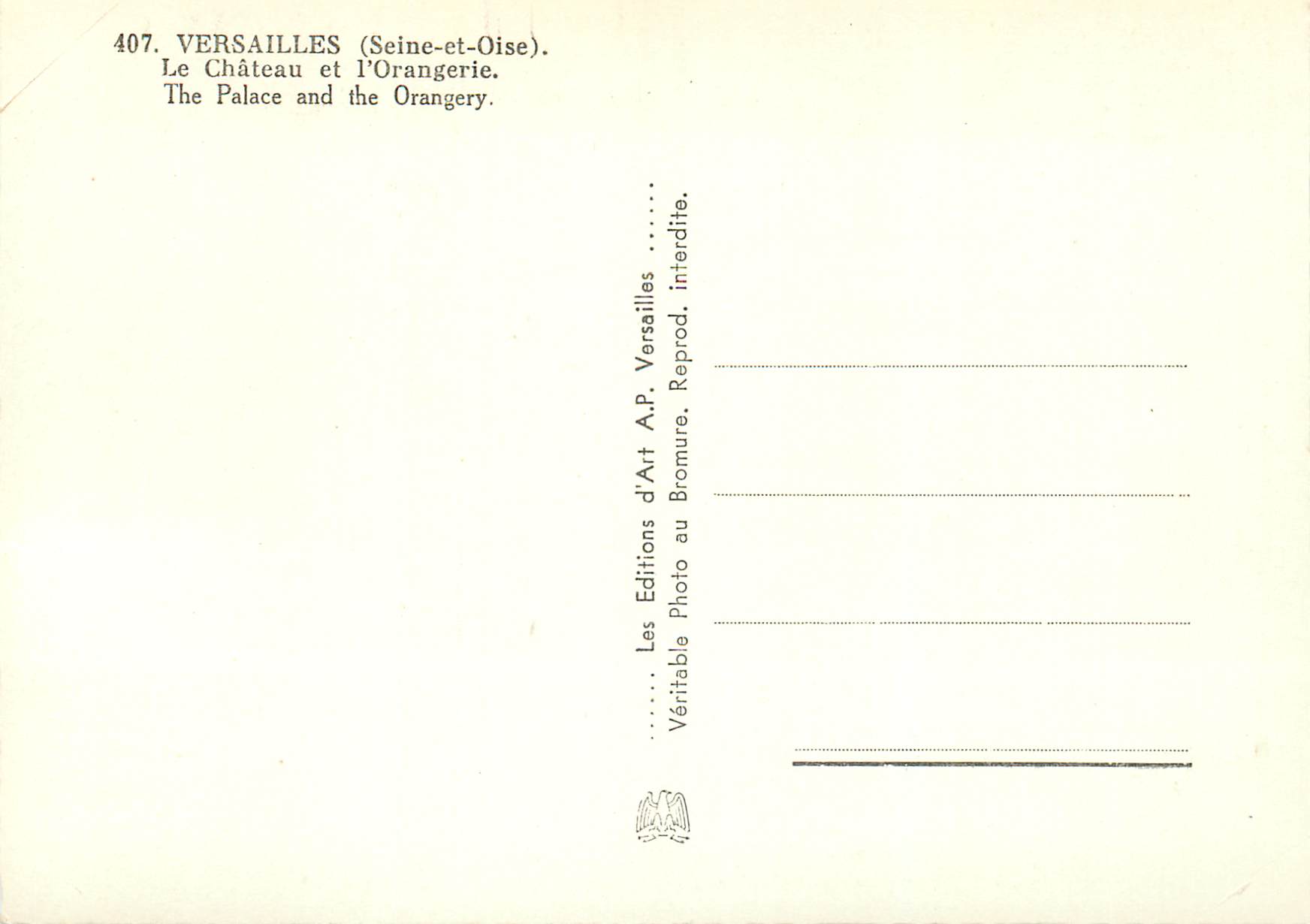 CPM 407 versailles (seine et oise) le chateau et l orangerie — Rückseite