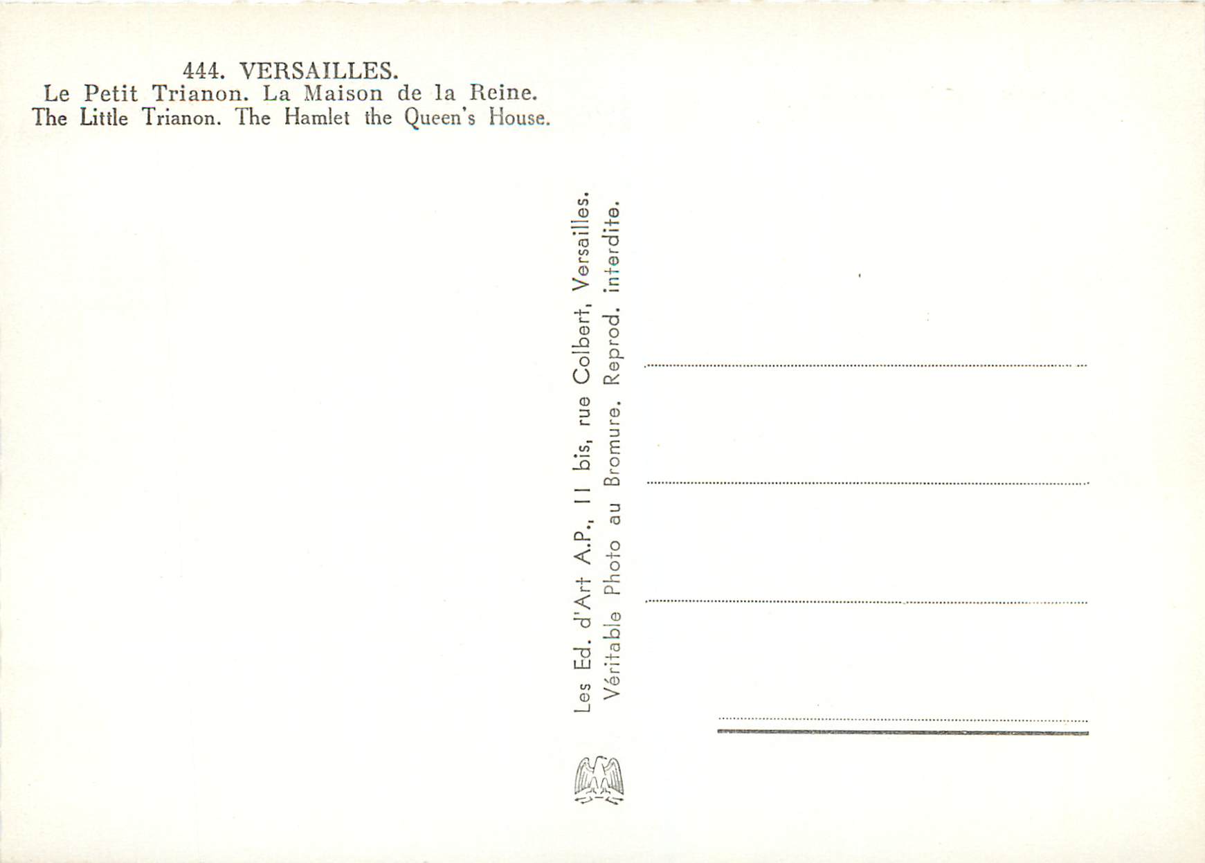 Versailles — Le Petit Trianon. La Maison de la Reine — Éd. d'Art A.P., 11 bis rue Bromure, Versailles — Rückseite