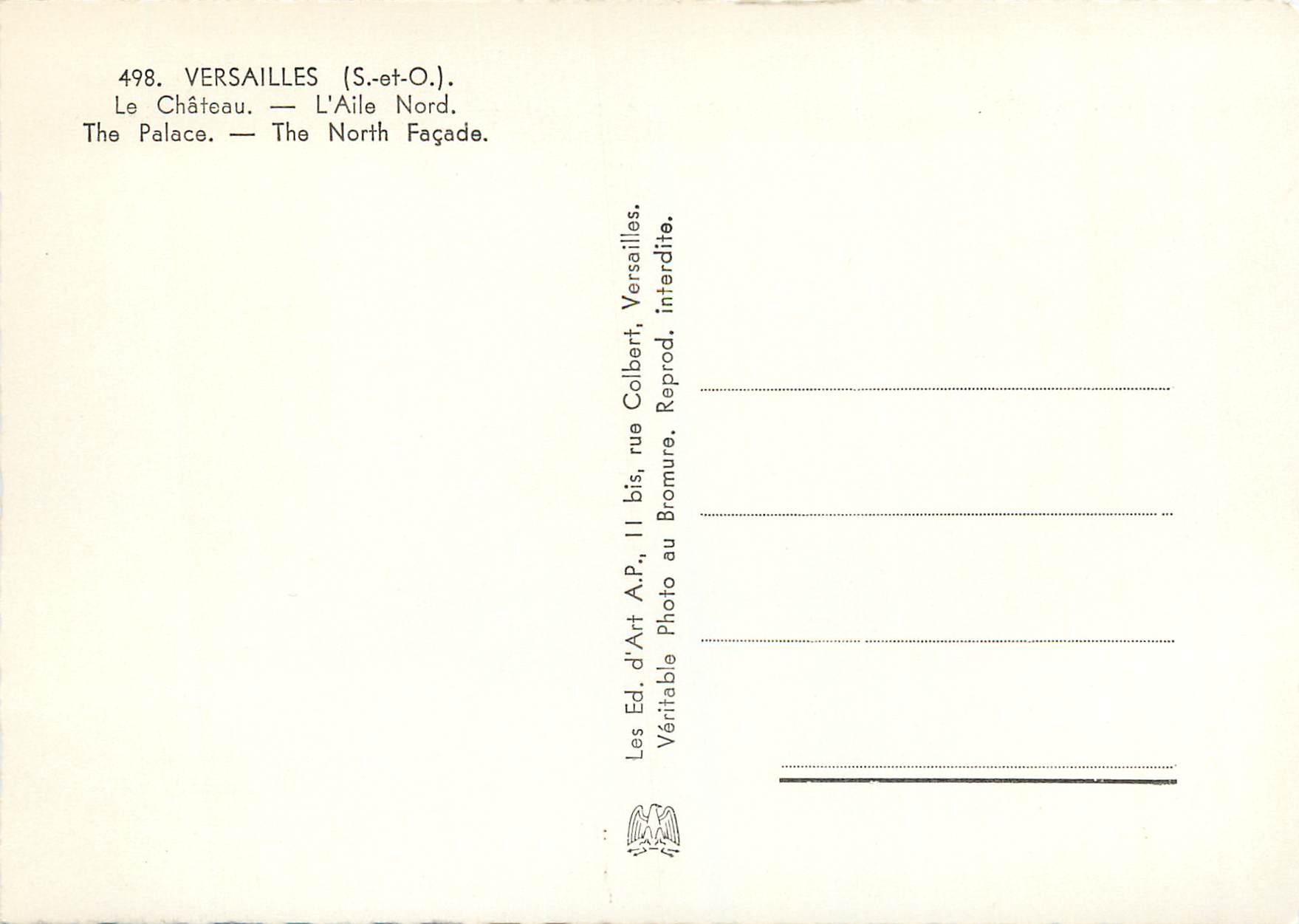 CPM 498 versailles (s et o) le chateau l aile nord — Rückseite