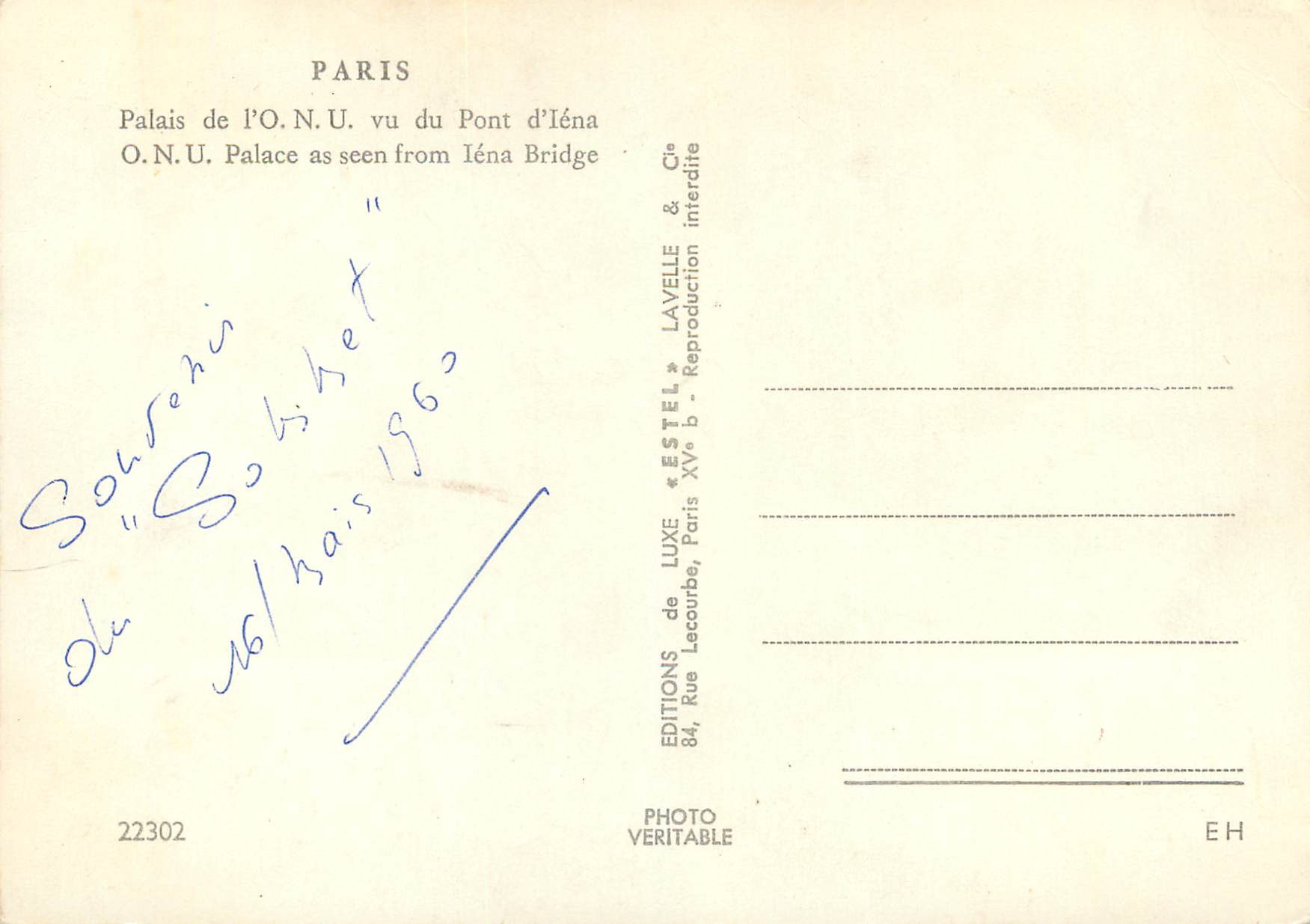 Palais de l'O.N.U. vu du Pont d'Iéna — Estel — n° 22302 — Verso