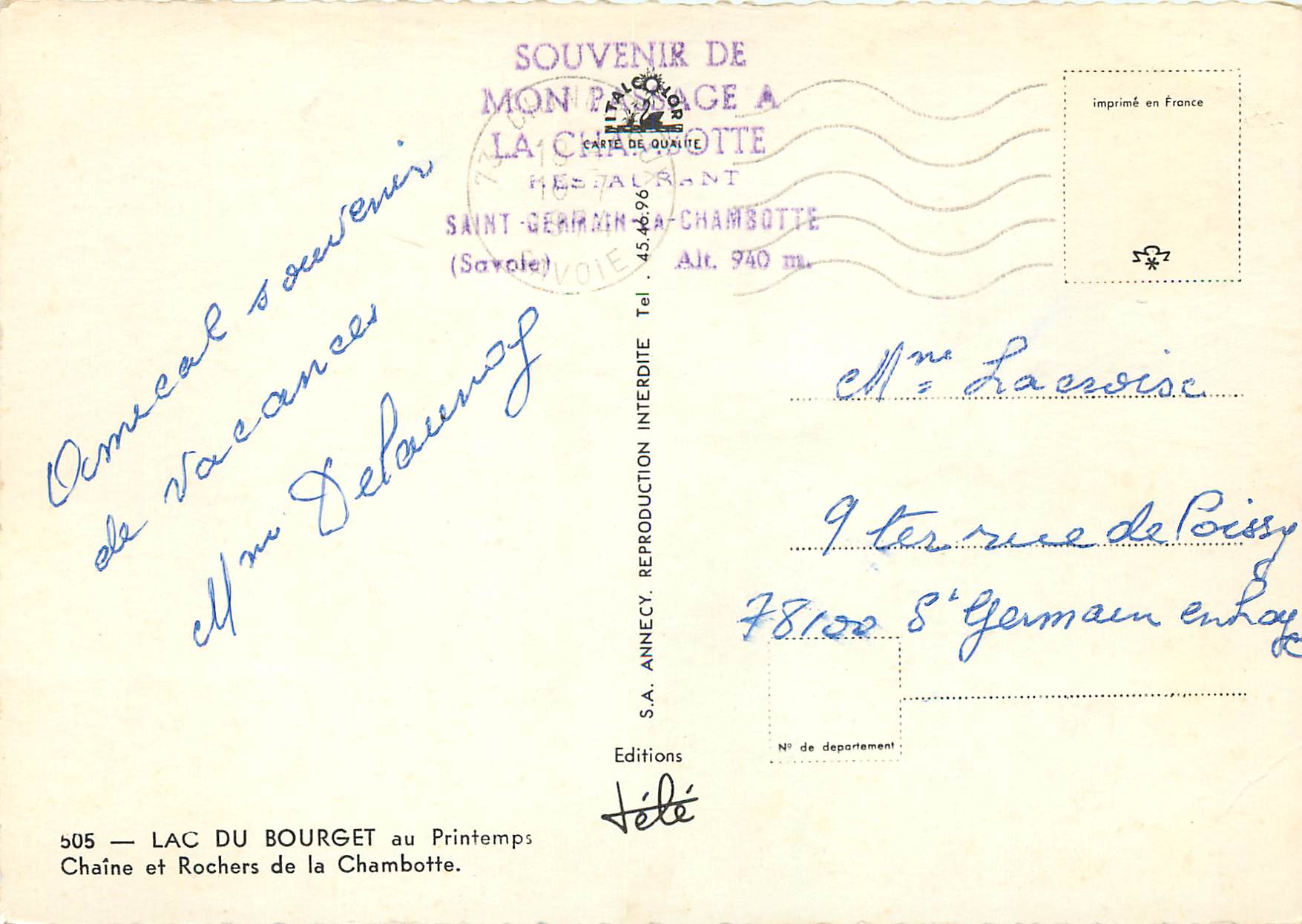 CPM 505 lac du bourget au printemps chaine et rochers de la chambotte — Rückseite