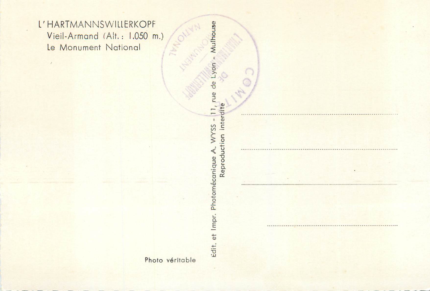 Der Hartmannswillerkopf — Das Nationale Denkmal — Verlag A. WYSS, Lyon — Rückseite