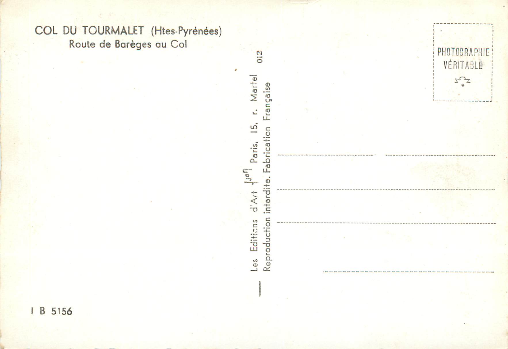 CPM Col du tourmalet (htes pyrenees) route de bareges au col — Rückseite