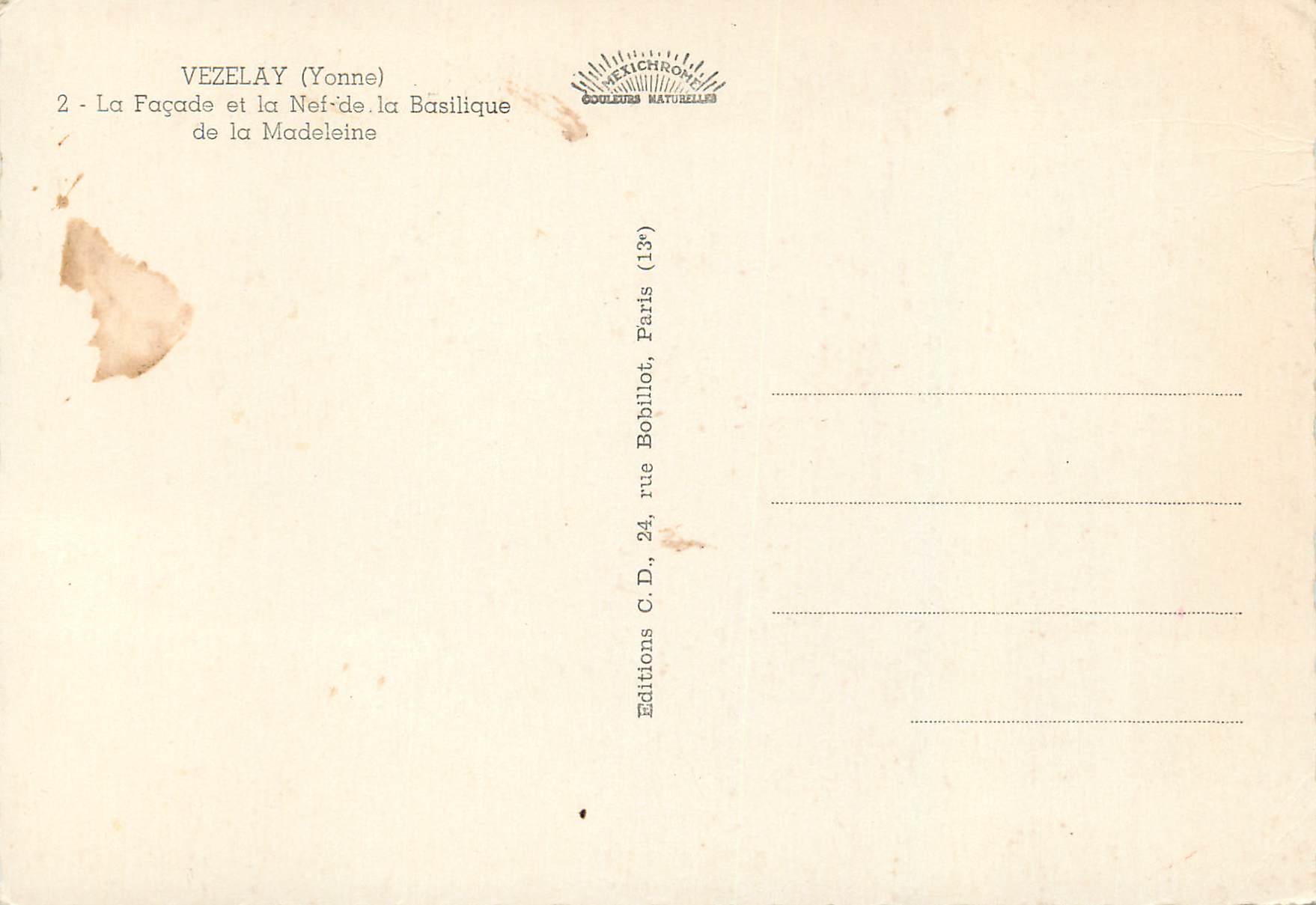 Vézelay (Yonne) — Façade et la Nef de la Basilique de la Madeleine — Éditions C.D., Paris — Rückseite