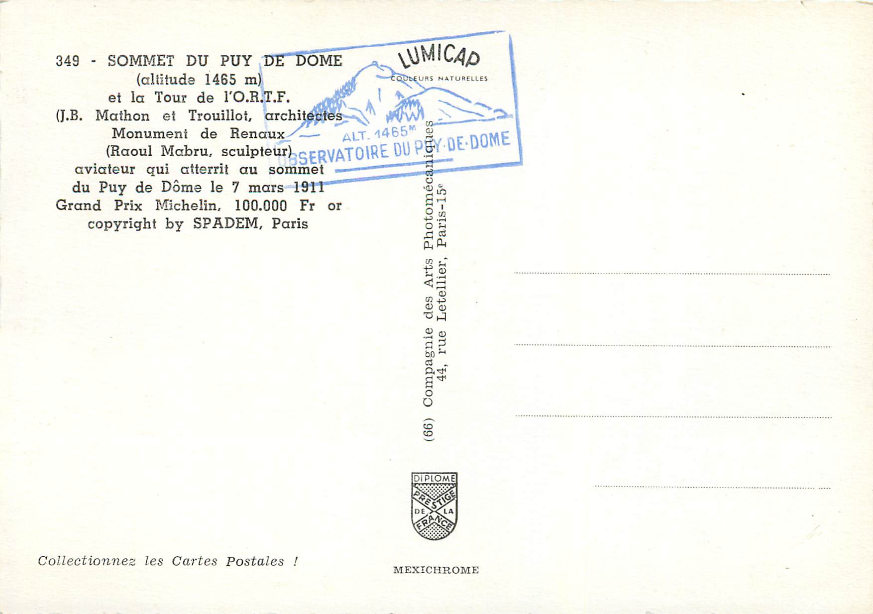 Sommet du Puy de Dôme — Tour de l'O.R.T.F. et Monument de Rencaux — éditeur IRIS, n° 349 — Reverso