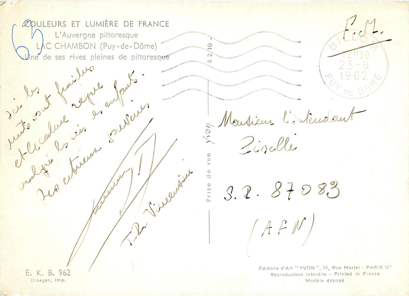 Lac Chambon (Puy-de-Dôme) — rives pittoresques — Éditions d'Art 'YVON', n° S.B. 87083 — Achterkant