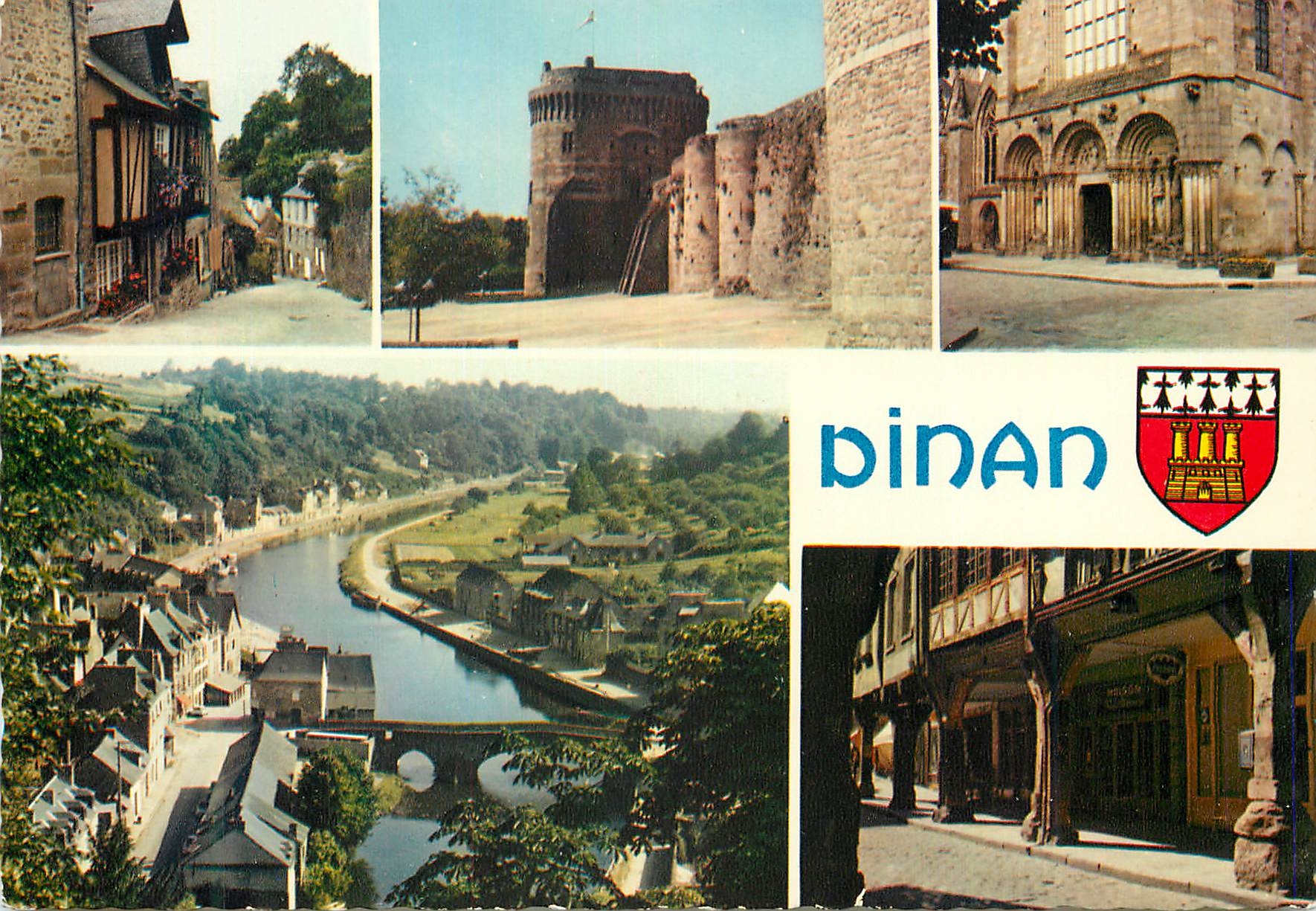 Dinan — Vue du vieux pont sur la Rance, château et façade de l'église Saint-Sauveur du XVᵉ siècle — Éditions Iris Jos