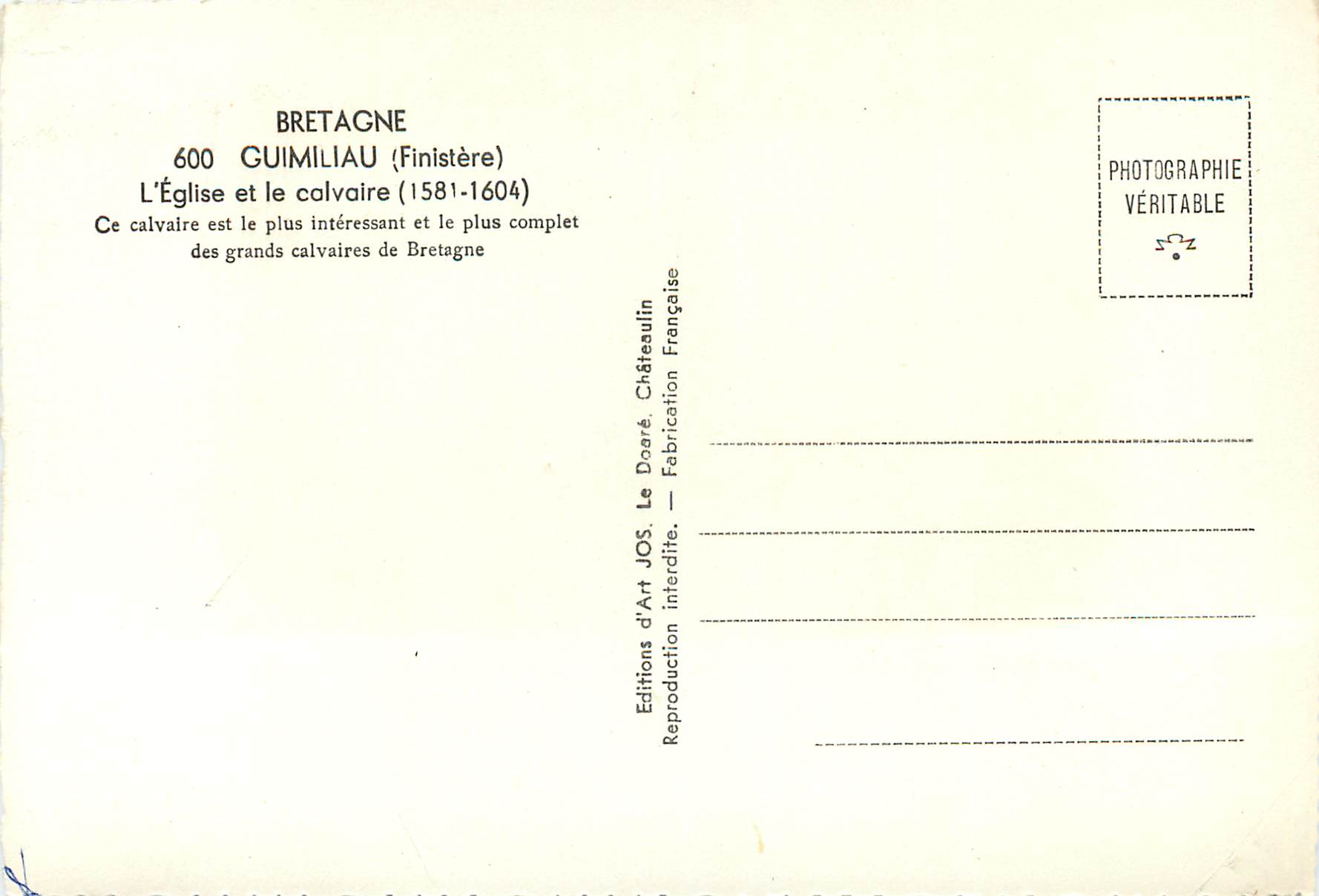 CPM Bretagne 600 guimiliau(finistere) l eglise et le calvaire(1581 1604) — Rückseite