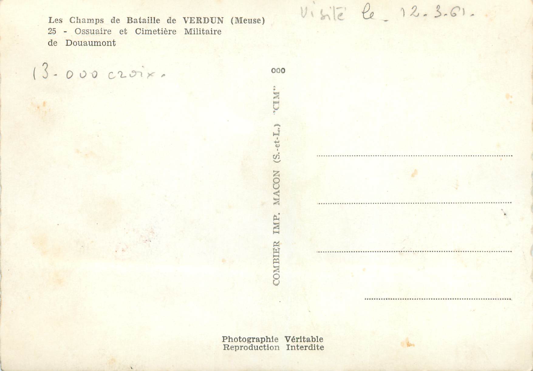 Champs de Bataille de Verdun — Ossuaire et Cimetière Militaire de Douaumont — Combier (S.-et-L.) — Verso