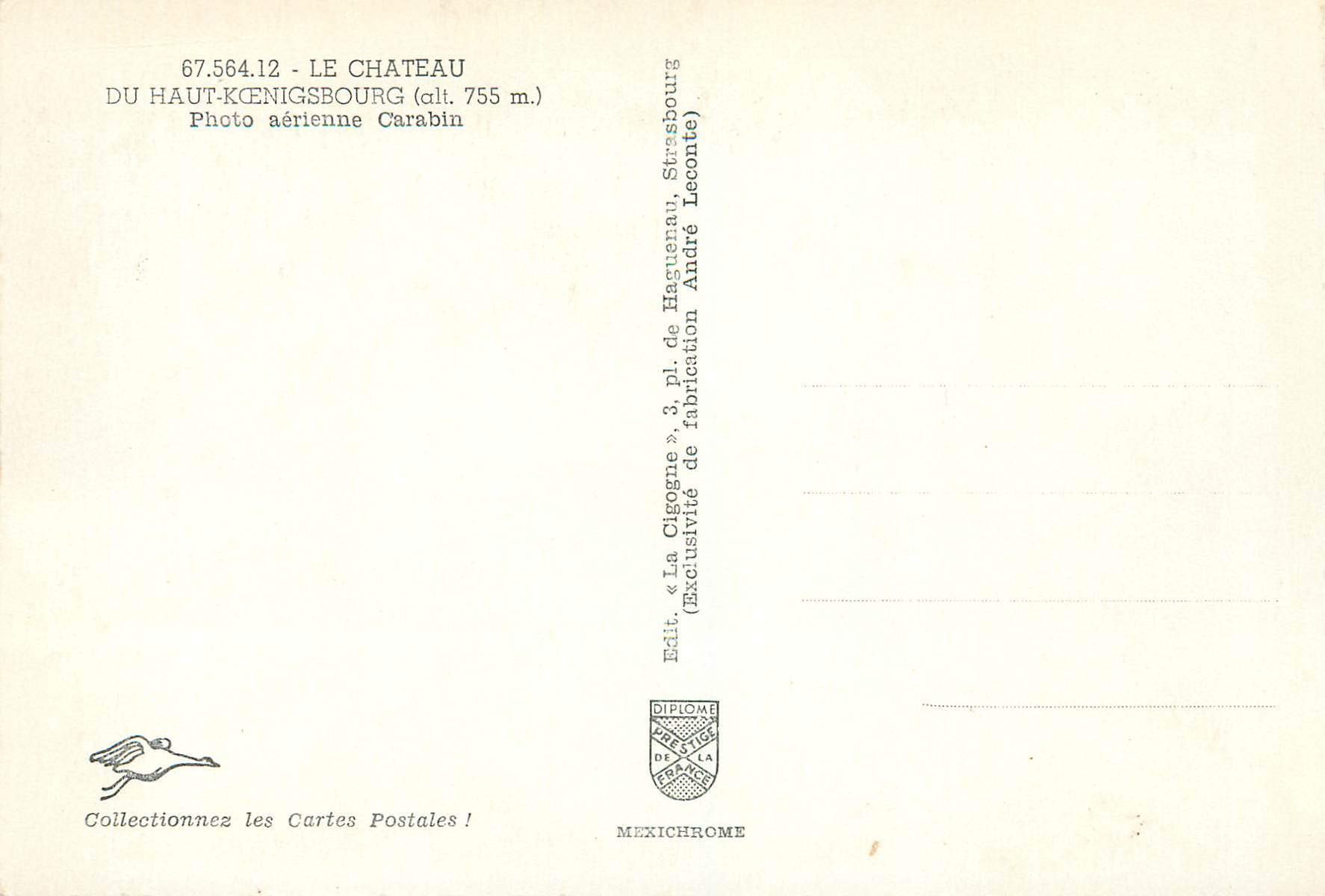 Château du Haut-Kœnigsbourg — vue aérienne — éditeur IRIS, n° de série 67.564.12 — Verso