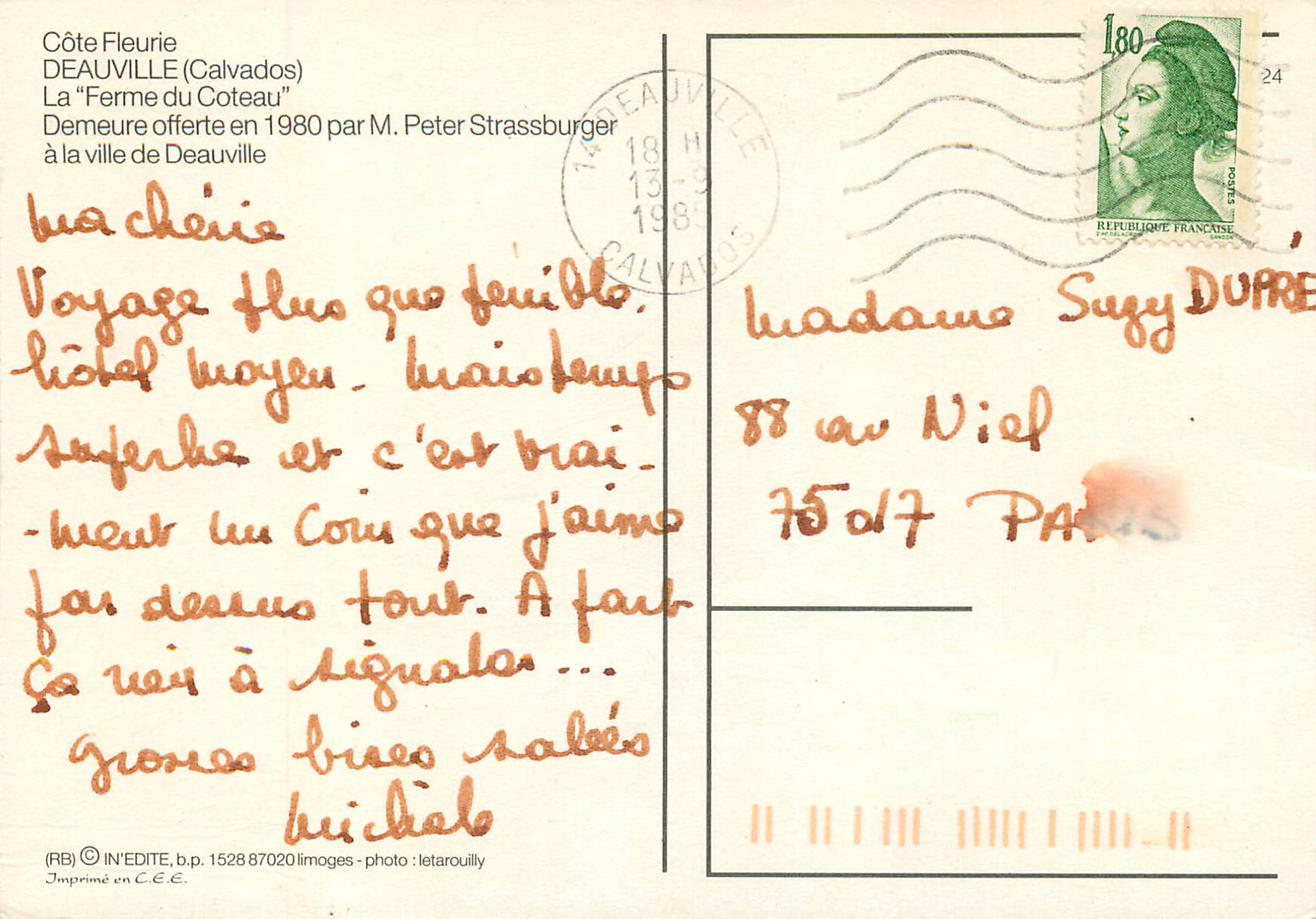 La 'Ferme du Coteau' — Deauville (Calvados) — RB IN'EDITE, b.p. 1528 87020 Limoges — Verso
