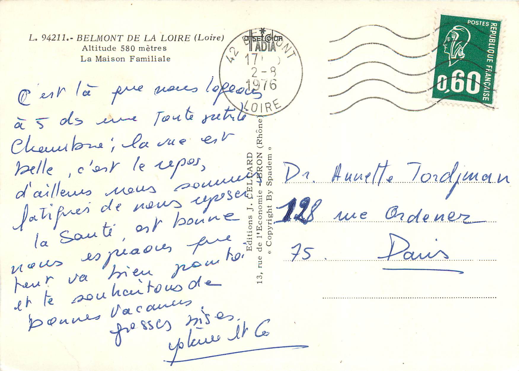 CPM L 94211 belmont de la loire (loire) altitude 580 metres la maison familiaile — Rückseite