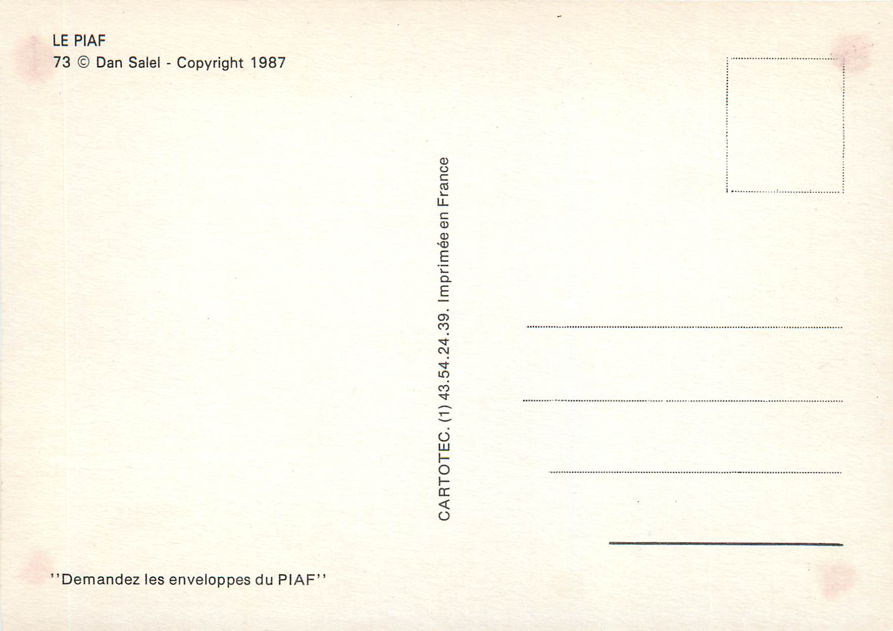CPM Le piaf 73 dan satel copyright 1987 — Rückseite