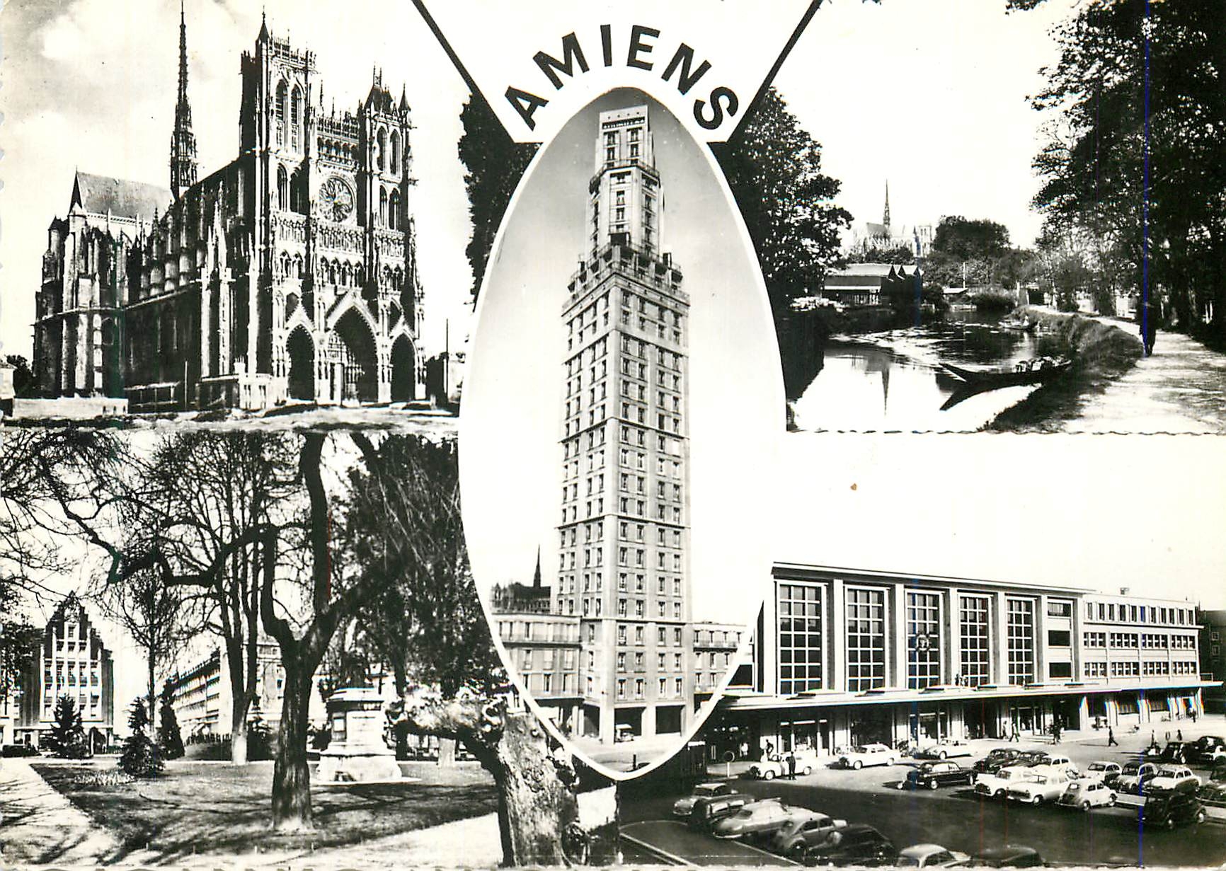 CPM 333 amiens (somme) la cathedrale la tour perret les bords de la somme le square la gare du nord