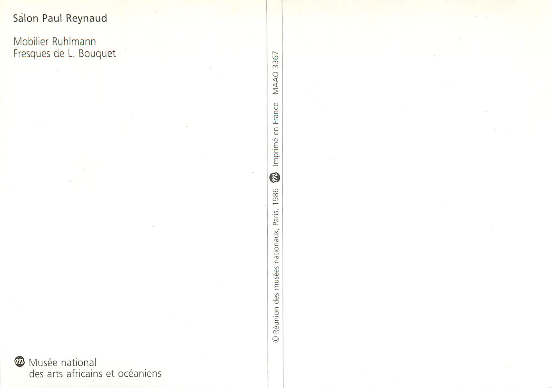 Sallon Paul Reynaud — Mobilier Ruhlmann, Fresques de L. Bouquet — Imprimé par la Réunion des musées nationaux, Paris, 1986 — Reverso