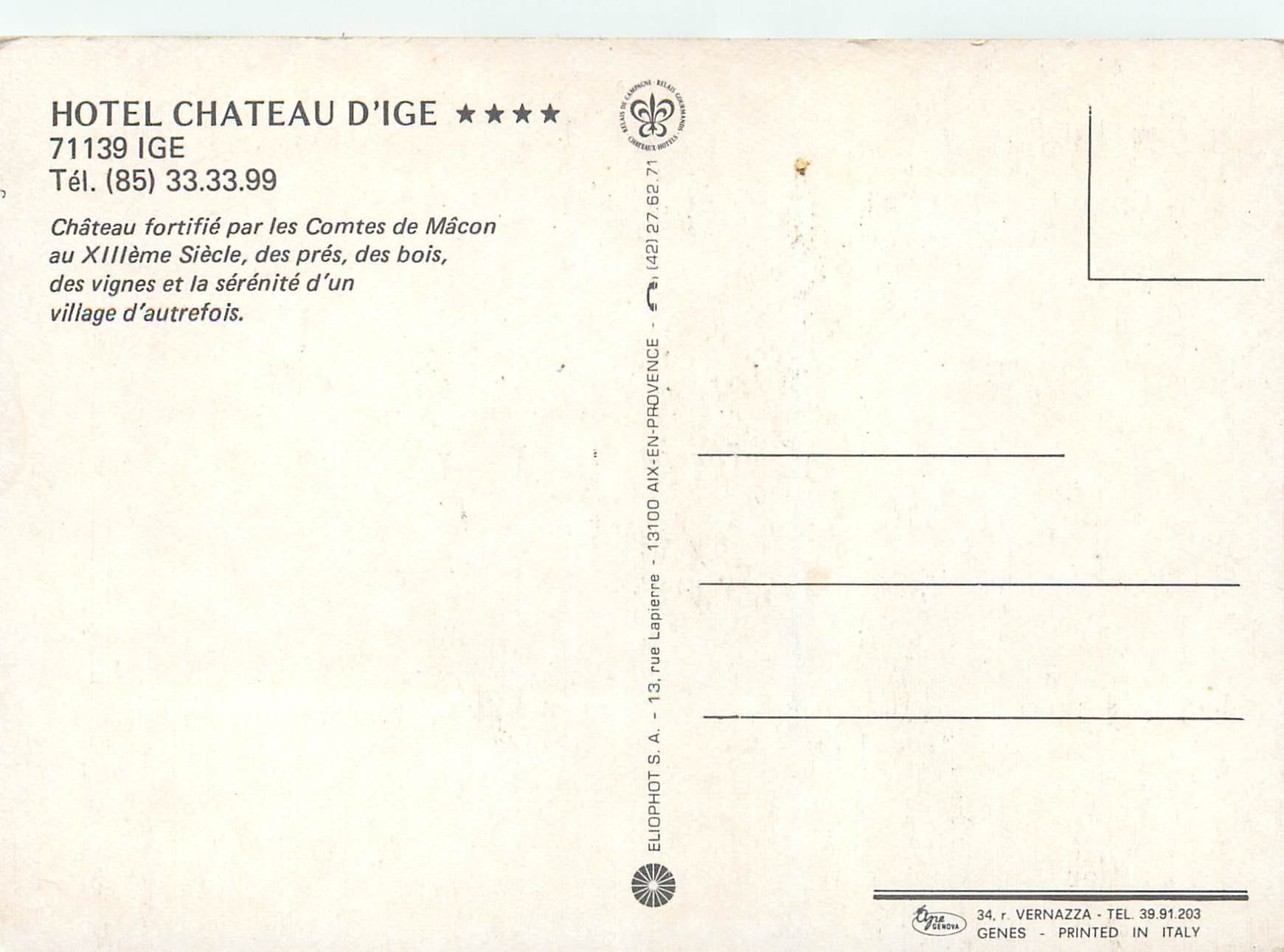 Château d'Ige — Hôtel 3 étoiles — Éditeur Euophot S.A. — Rückseite