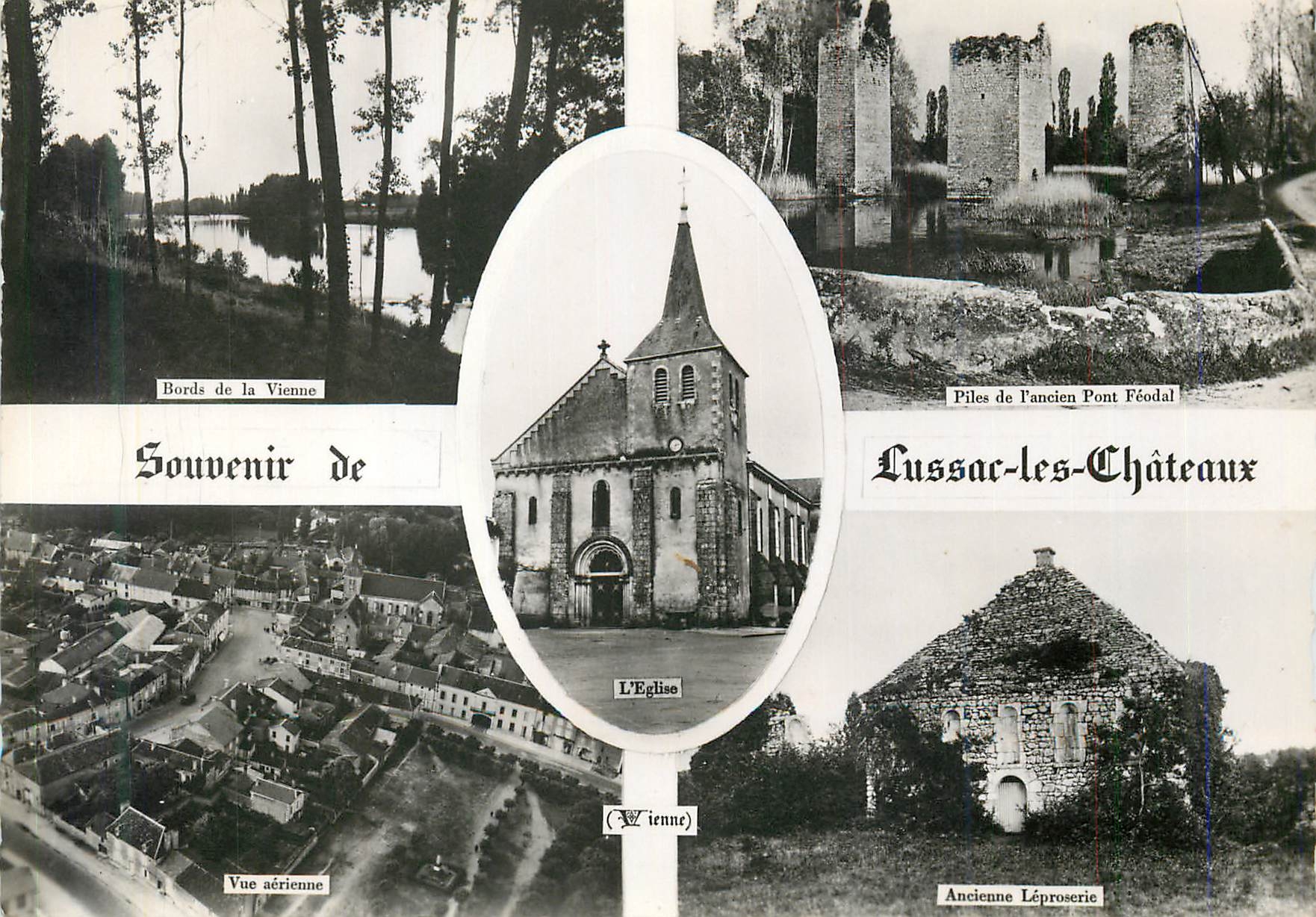 CPM Souvenir de lussac les chateaux Bords de la Vienne Piles de l'ancien pont feodal Vue aerienne Ancienne Leptroserie