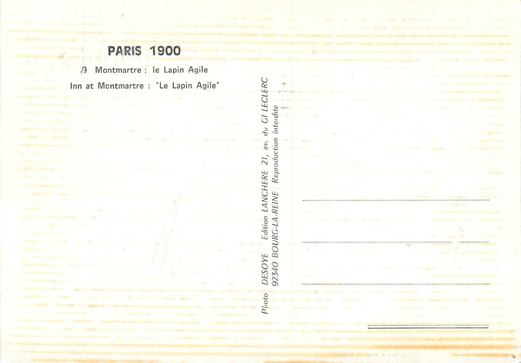 CPM Paris 1900 montmarthre le lapin agile — Verso