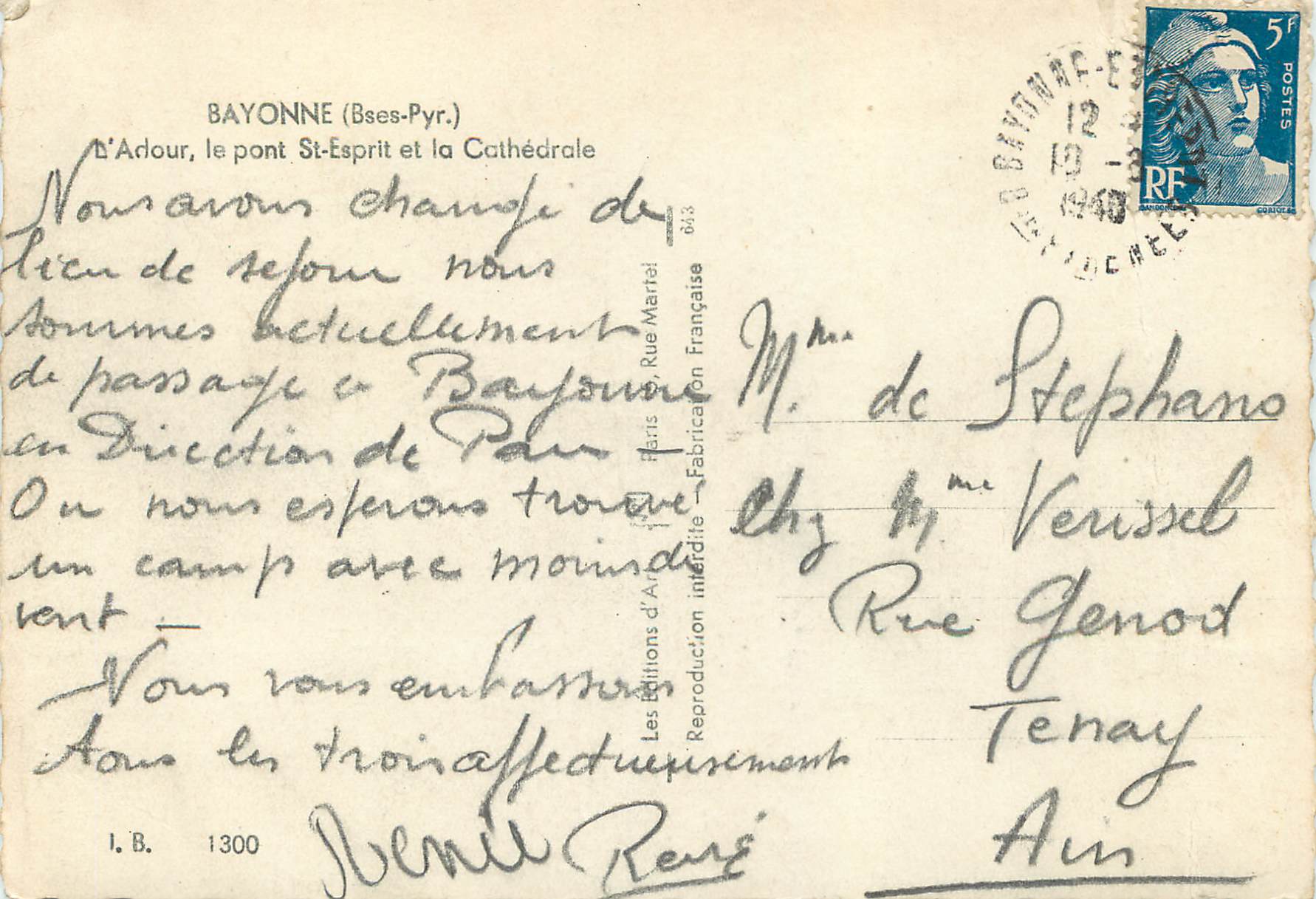 CPM Bayonne (bses pyr) l adour le pont st esprit et la cathedrale — Verso