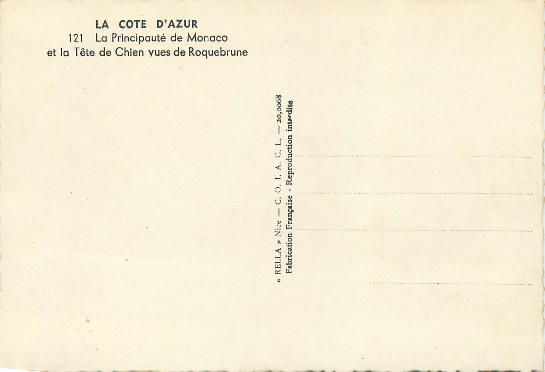CPM La cote d azur 121 la principaute de monaco et la tete de chien vues de roquebrune — Rückseite