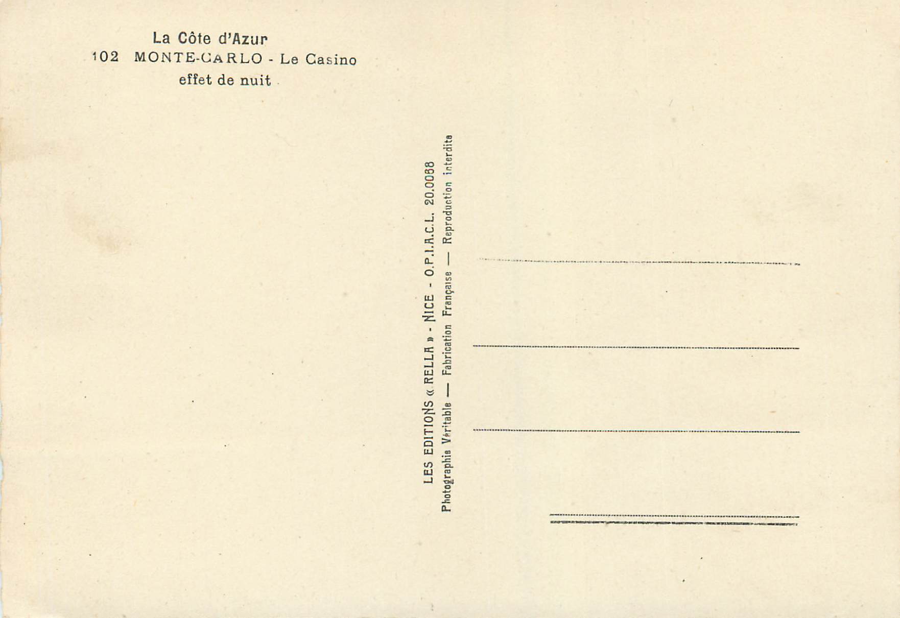 Monte-Carlo — Le Casino — effet de nuit — Éditions « Rella » — n° 20.0088 — Verso