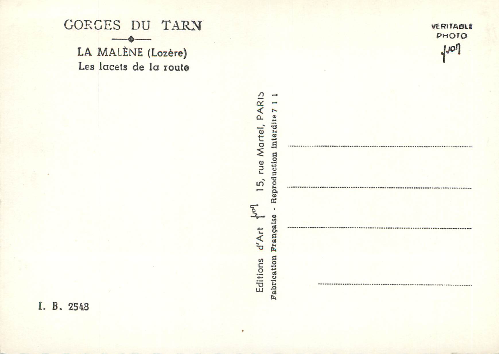 Les lacets de la route — Gorges du Tarn — Éditions d'Art, Paris — Rückseite
