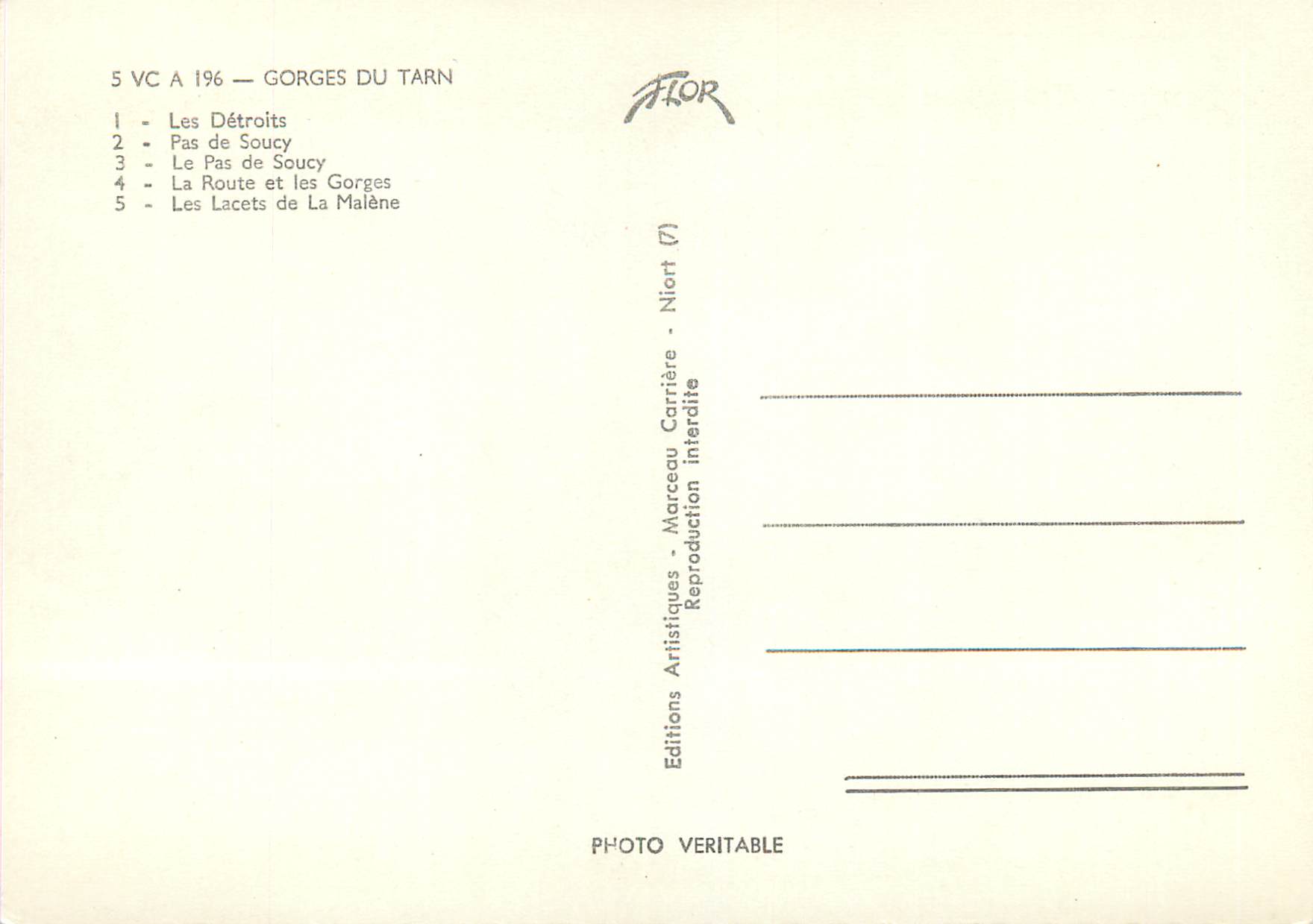 Gorges du Tarn — Les Détroits, Le Pas de Soucy, La Route et les Gorges, Les Lacets de la Malène — Éditions Artistiques Marceau Carrière — Back