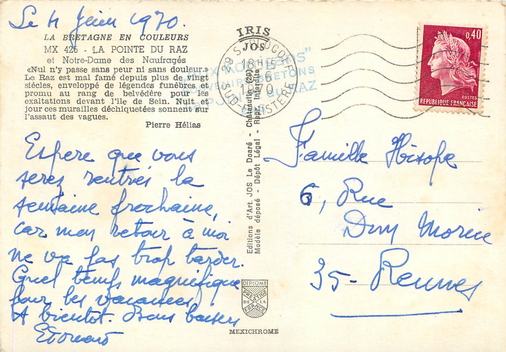 CPM La bretagne en couleurs mx 425 la pointe du raz et notre dame des naufrages — Rückseite