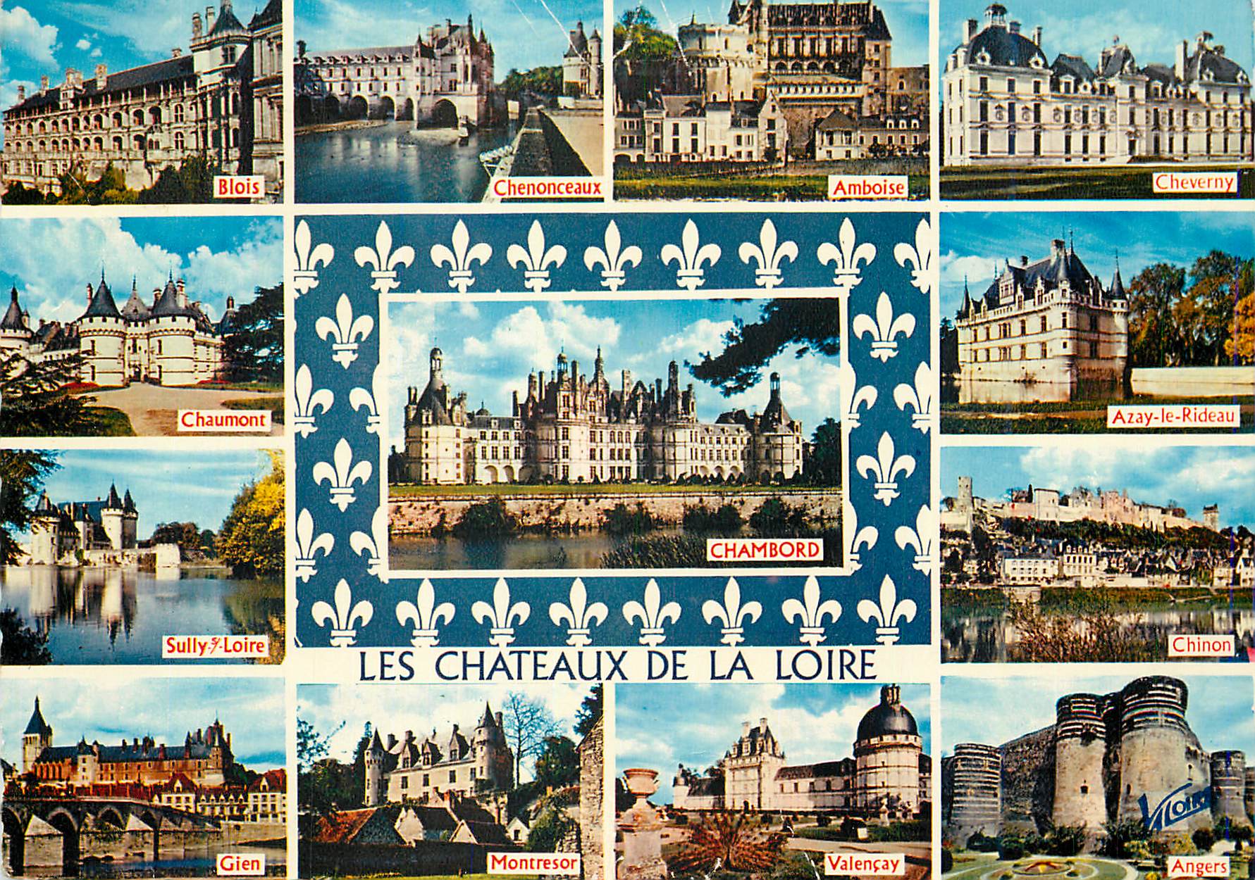 CPM Les merveilles du val de loire h 543 ses chateaux Blois Chenonceaux Amboise Cheverny Chaumont Chambord Chinon Gien M