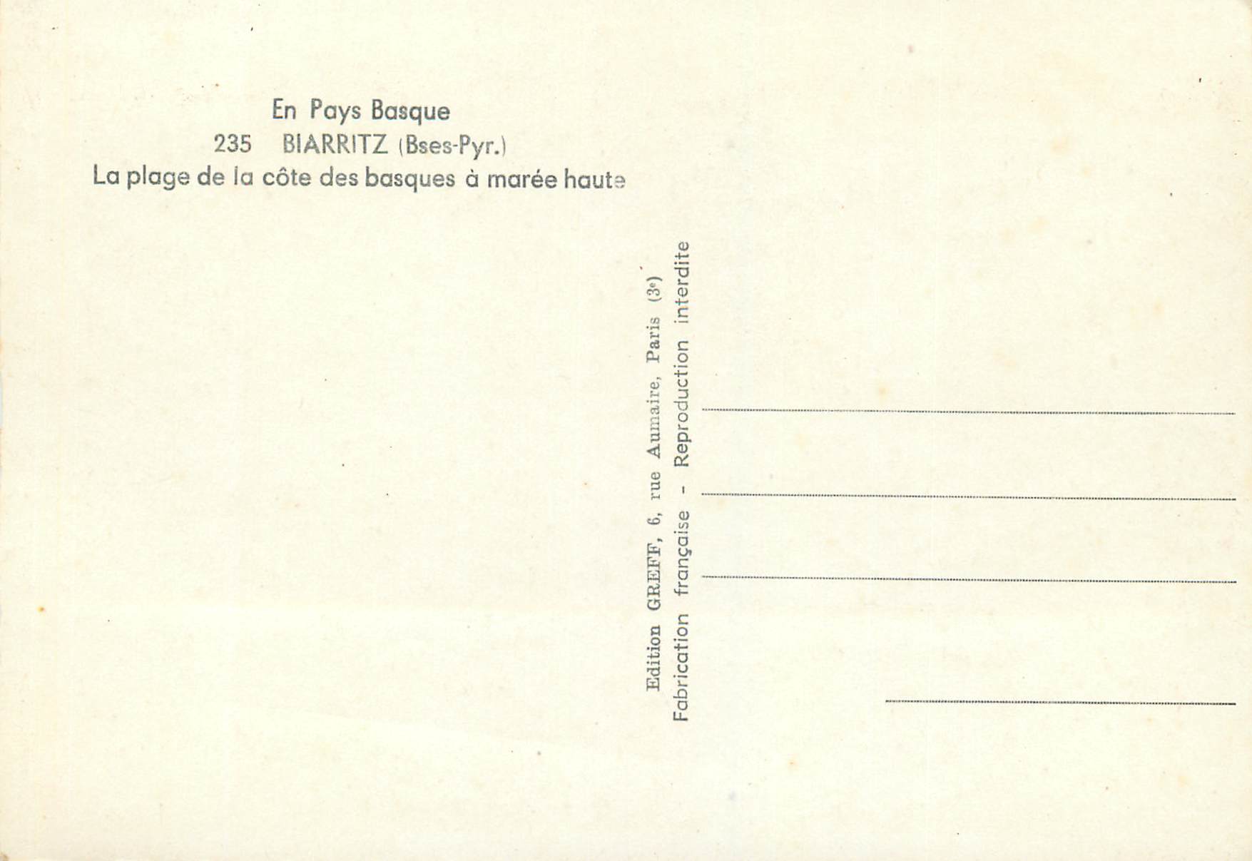 Biarritz — La plage de la côte basque à marée haute — Greff — Rückseite