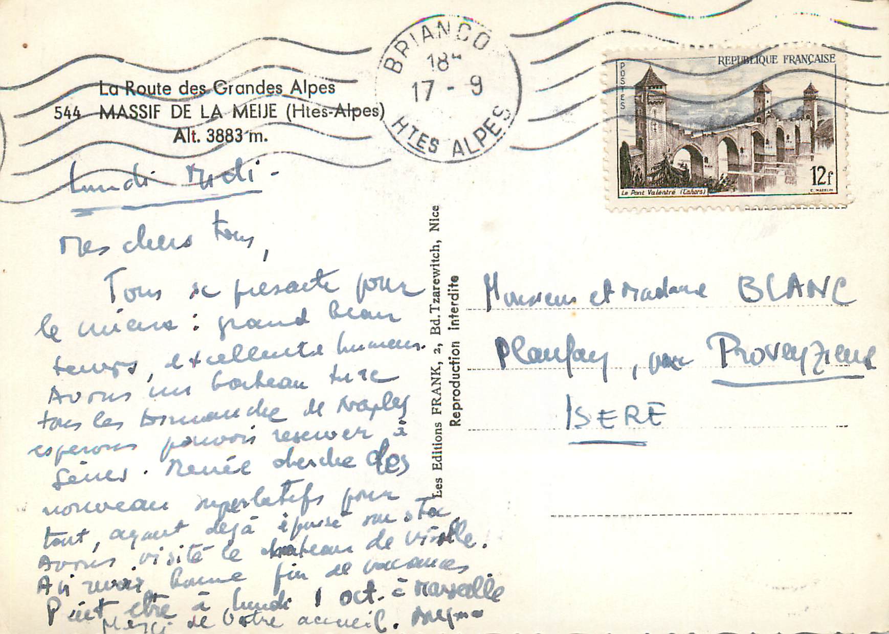 La Route des Grandes Alpes — MASSIF DE LA MEIJE (Htes-Alpes) — Alt. 3883 m. — Les Editions FRANKS, Nice — Verso