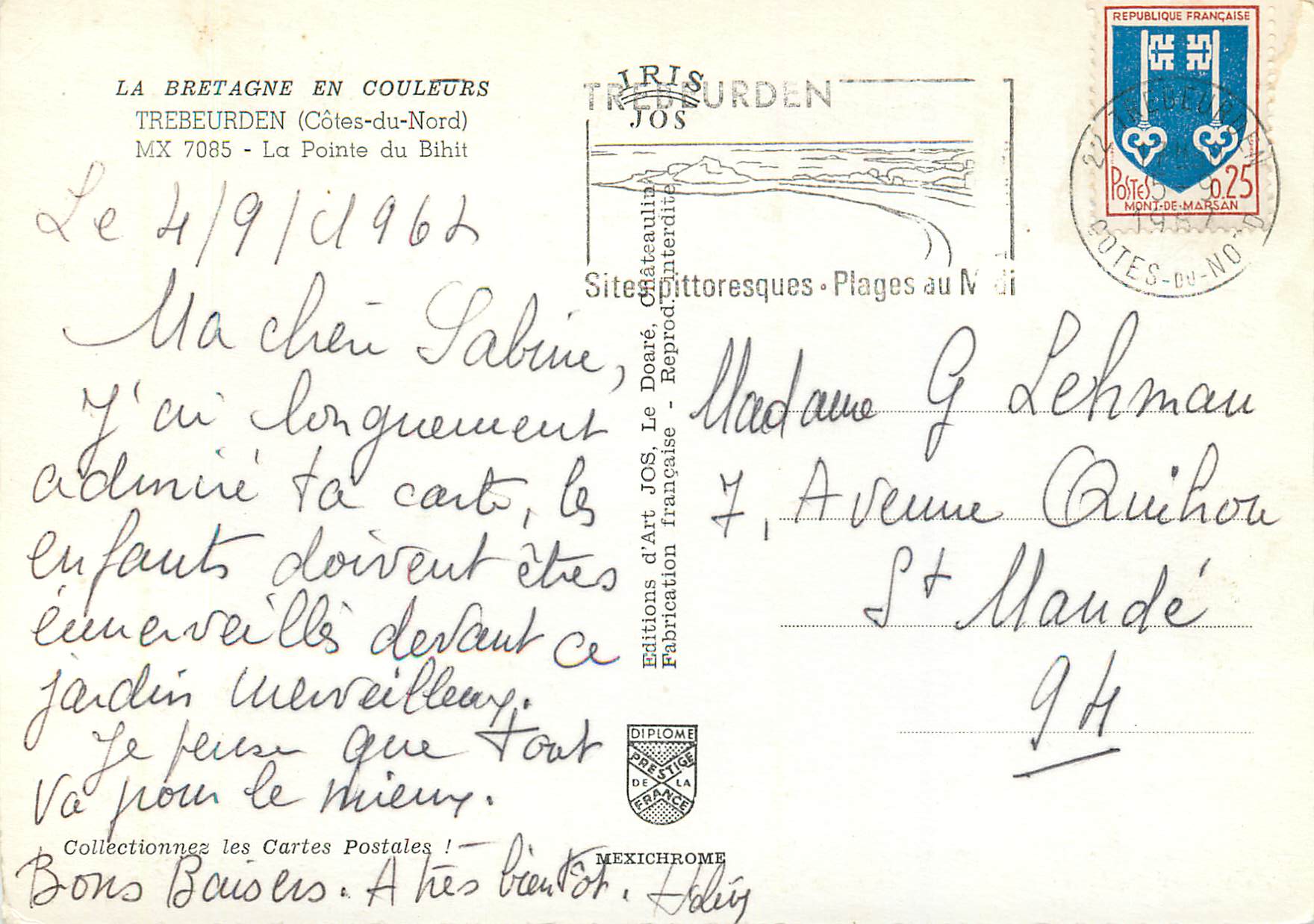 CPM La bretagne en couleurs trebeurden(cotes du nord) mx 7085 la pointe du bihit — Rückseite