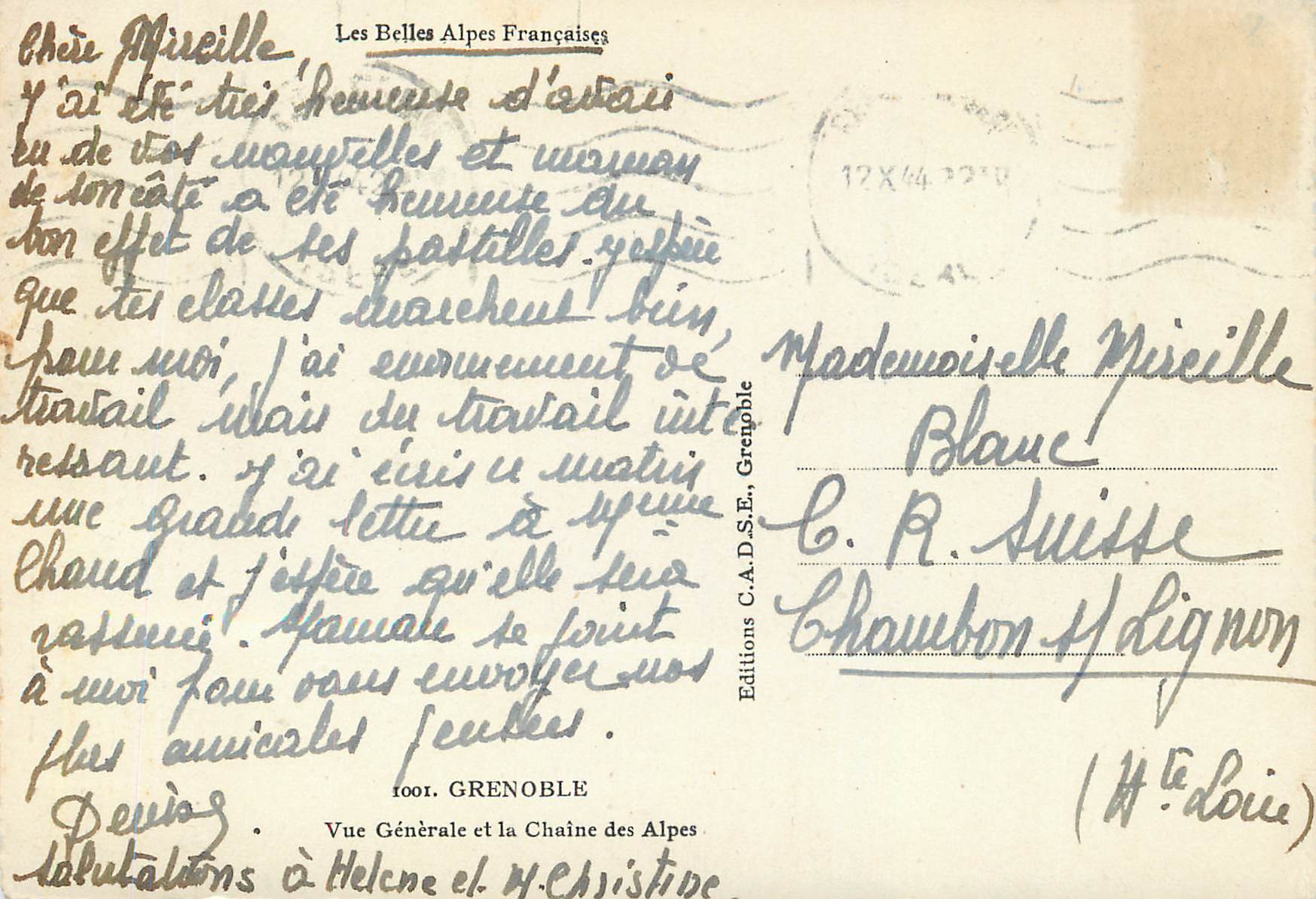 Grenoble et la Chaîne des Alpes — Vue Générale — Éditions C.A.D.S.E., Grenoble, n°1001 — Verso