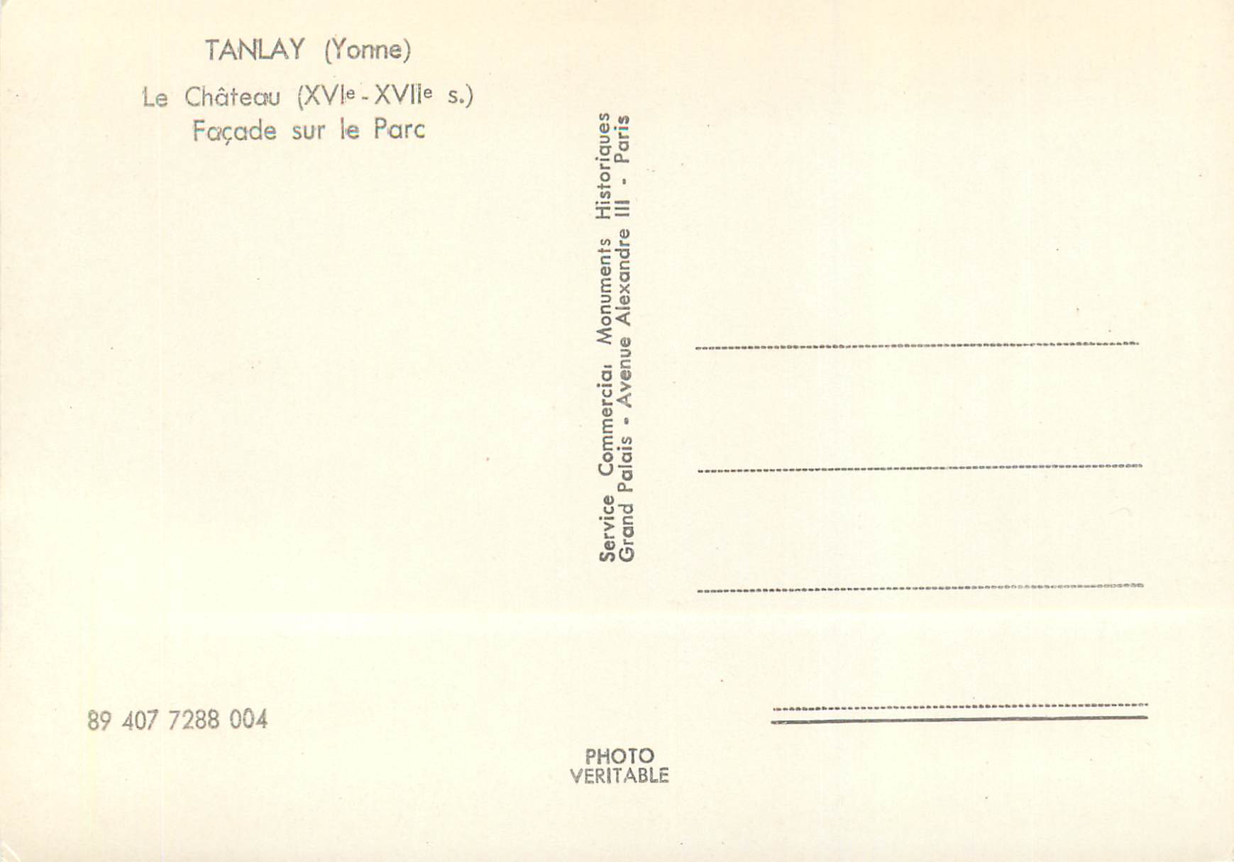 CPM Tanlay(yvonne) le chateau(xvi xvii s) facade sur le parc — Back
