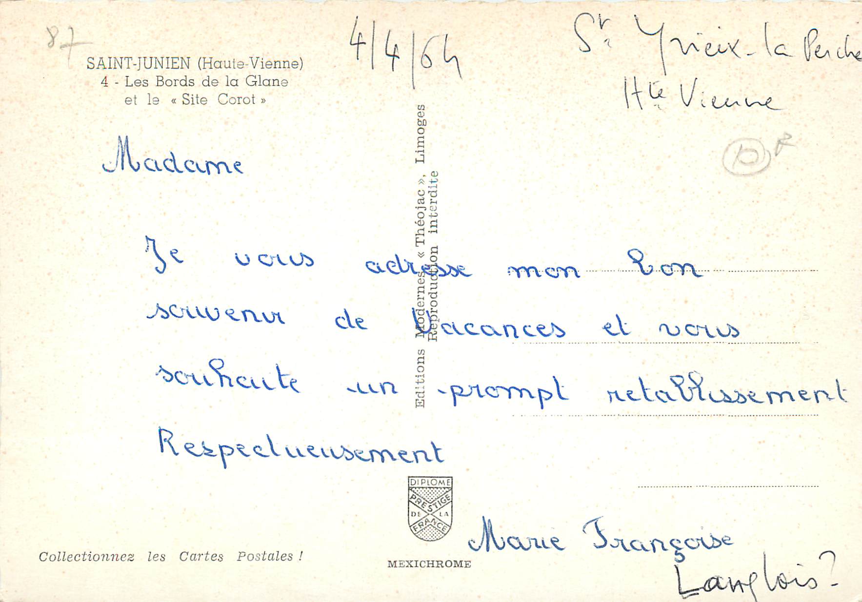 CPM Saint junien (haute vienne) 4 les bords de la glans et le site corol — Back