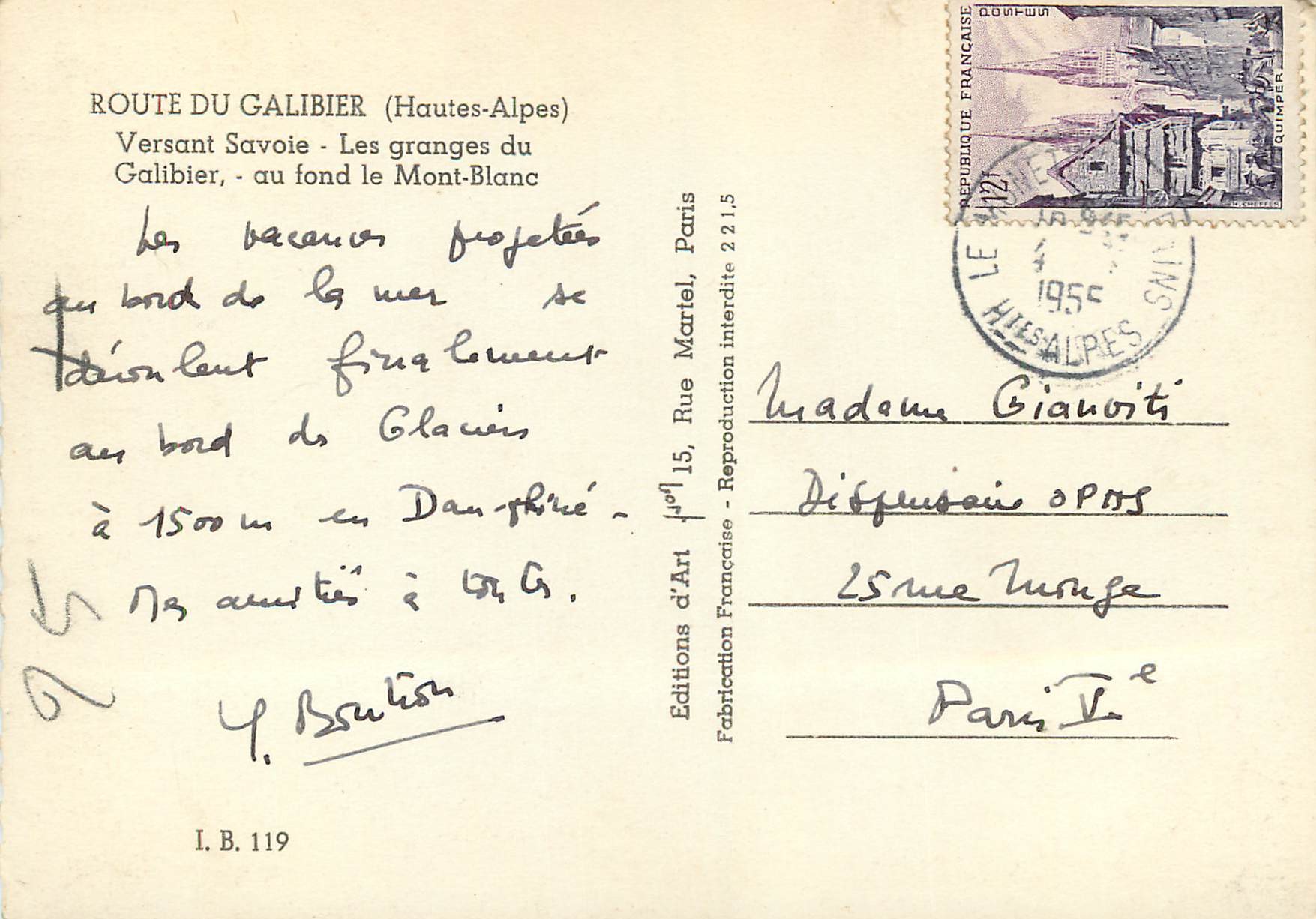 Route du Galibier (Hautes-Alpes) — Versant Savoie, les granges du Galibier, fond du Mont-Blanc — Éditions d'Art, Paris — Verso