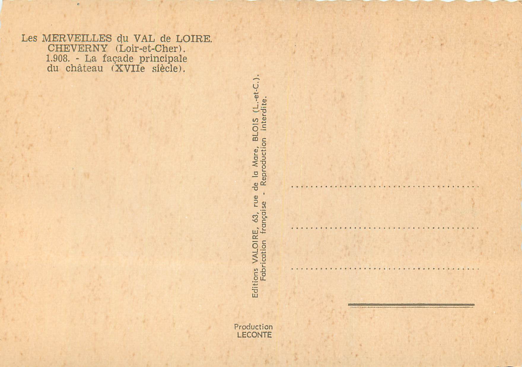 CPM Les merveilles du val de loire cheverny (loir et cher) 1908 la facade principale du chateau (xvii s) — Rückseite
