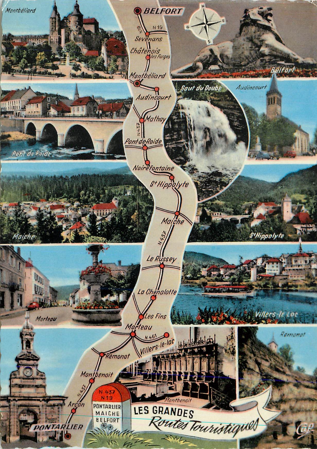 CPM 1533 les grandes routes touristiques de pontarlier a belfort Montbeliard Lion St Hippolyte Villers le lac Pontarlier