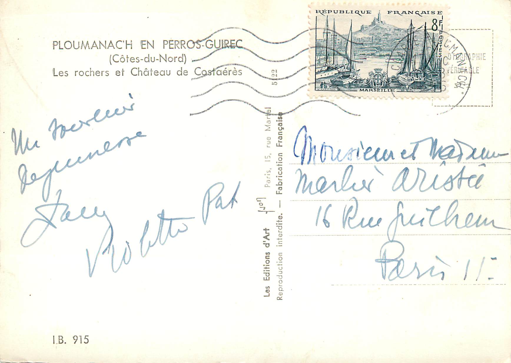 CPM Ploumanach en perros guirec (cotes du nord) les rochers et chateau de castaeres — Verso