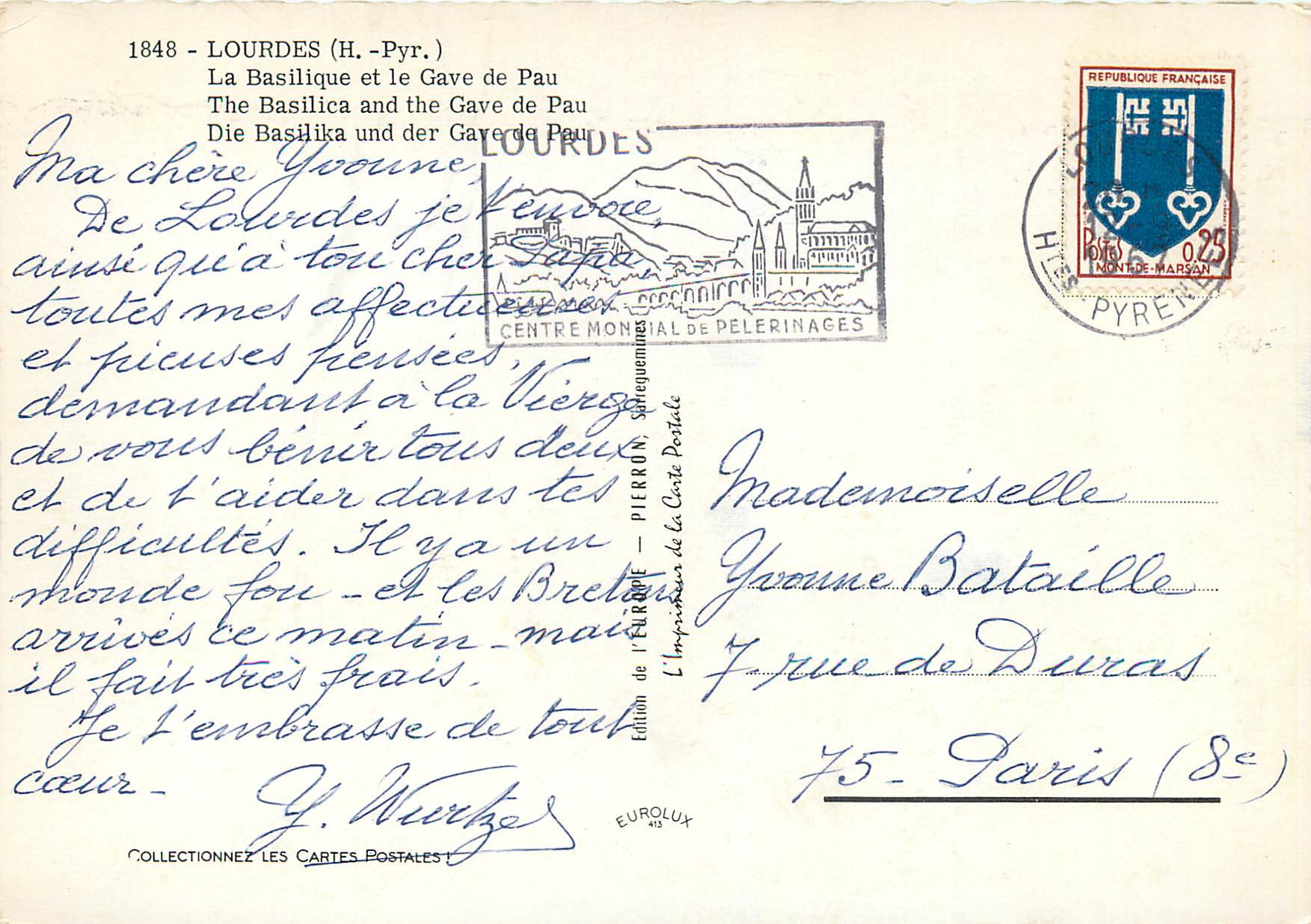 CPM 1848 lourdes (h pyr) la basilique et le gave de pau — Verso