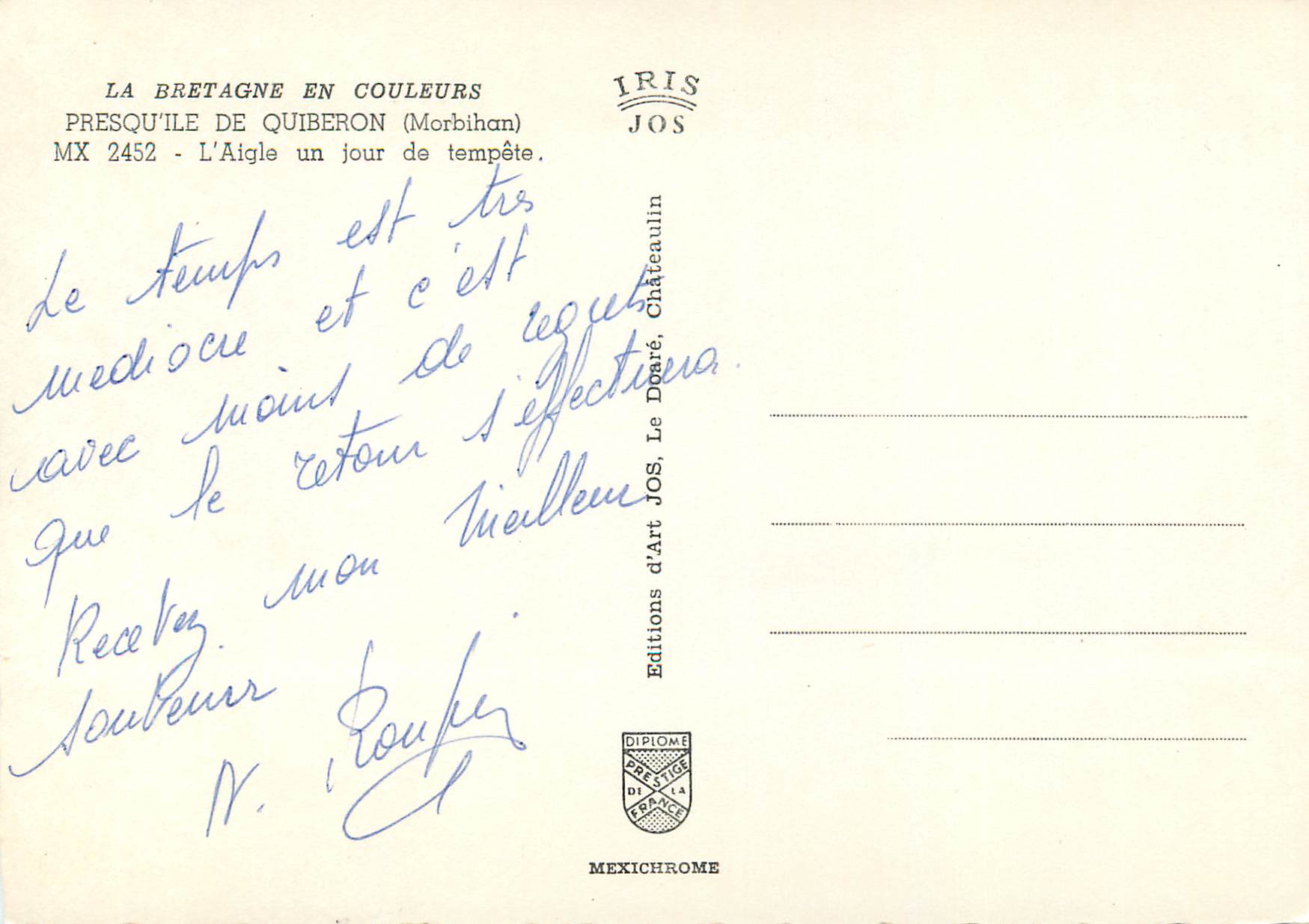 CPM La bretagne en couleurs presqu ile de quiberon (morbihan) mx 2452 l aigle un jour de tempete — Rückseite