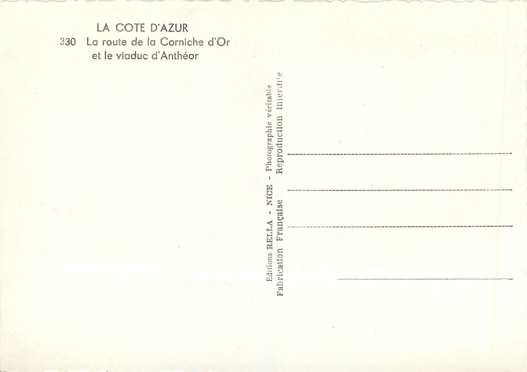 CPM La cote d azur 330 la route de la corniche d or et le viaduc d antheor — Verso