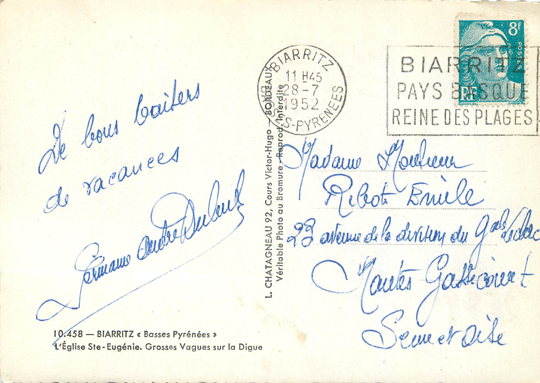 CPM 10458 biarritz basses pyrenees l eglise ste eugenie grosses vagues sur la digue — Rückseite