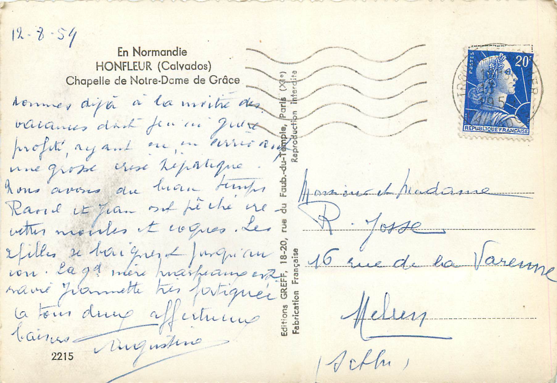 Kapelle Notre-Dame de Grâce — Honfleur (Calvados) — Éditions Greff, n°2215 — Rückseite