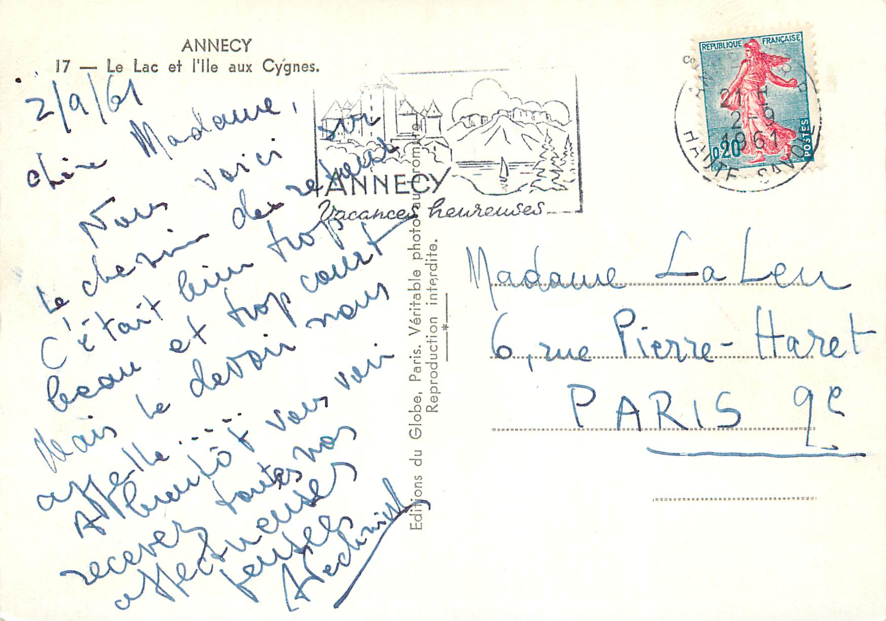 Annecy — Le Lac et l'Île aux Cygnes — Éditions du Globe, Paris, n°17 — Rückseite