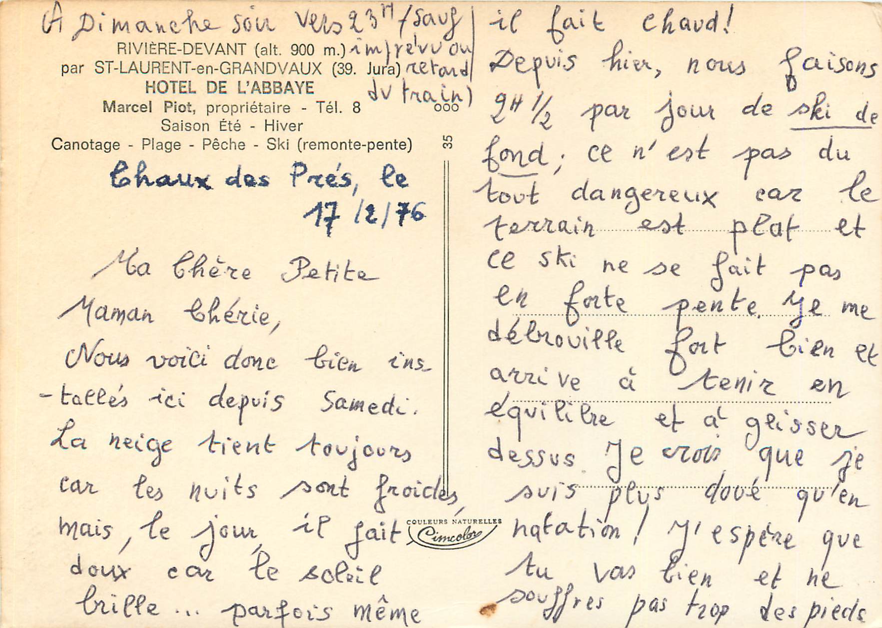 Rivière-Devant — vue hivernale avec maison et lac — Hotel de l'Abbaye, éditeur Couleurs Naturelles — Verso
