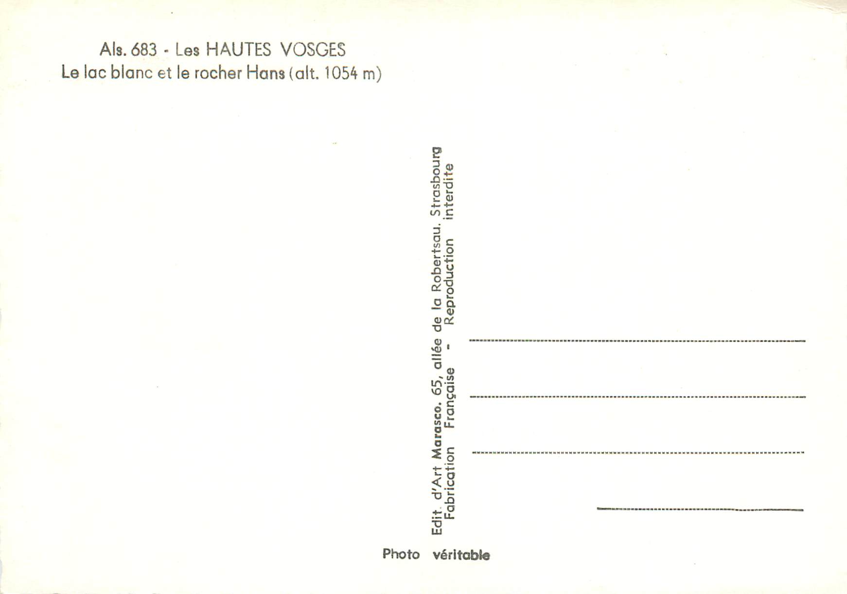 CPM Als 683 les hautes vosges le lac blanc et le rocher hans (alt 1054 m) — Rückseite