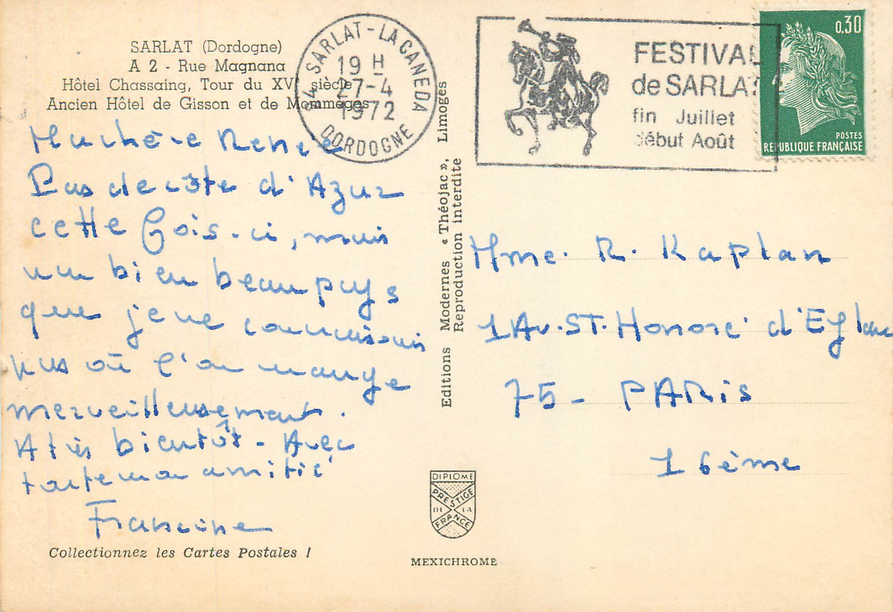 CPM Sarlat (dordogne) a 2 rue magnana — Verso